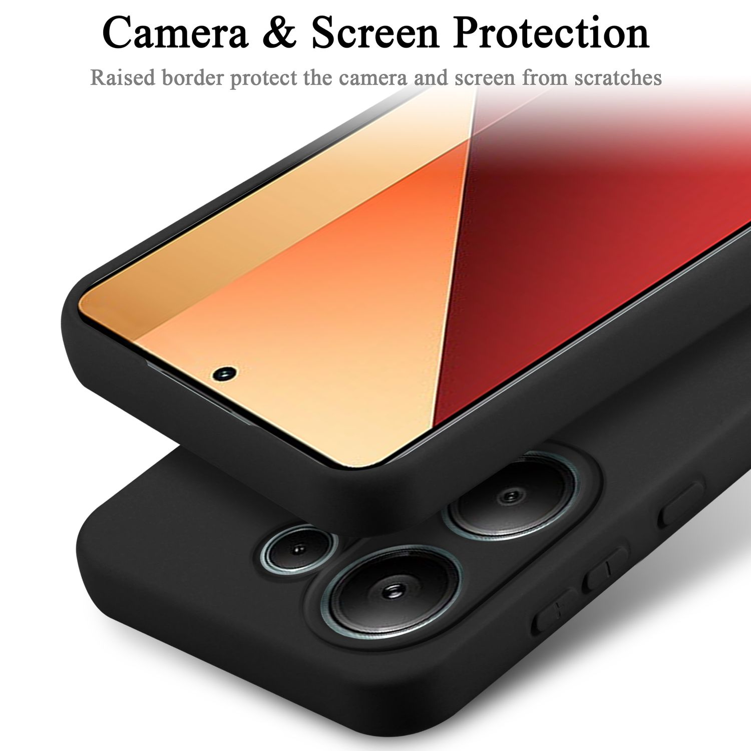 Custodia nera per telefono su un telefono nero, con schermo rosso. Titolo: Protezione fotocamera e schermo.