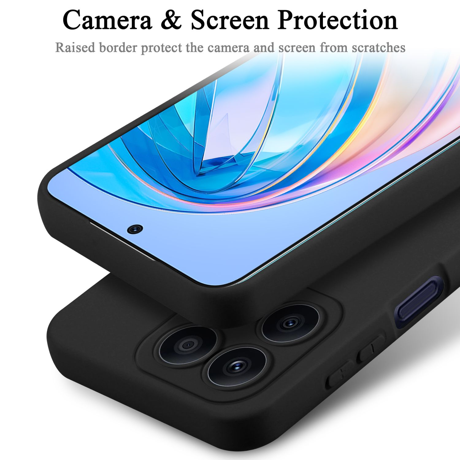Un telefono in una custodia nera, con bordo rialzato e le parole Camera & Screen Protection.