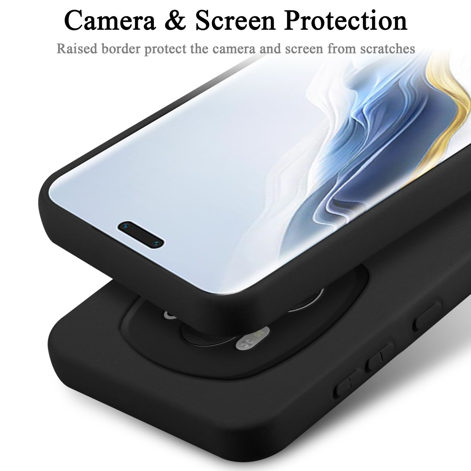 Una custodia per telefono con un telefono dentro. La custodia è nera e ha una protezione per fotocamera e schermo.