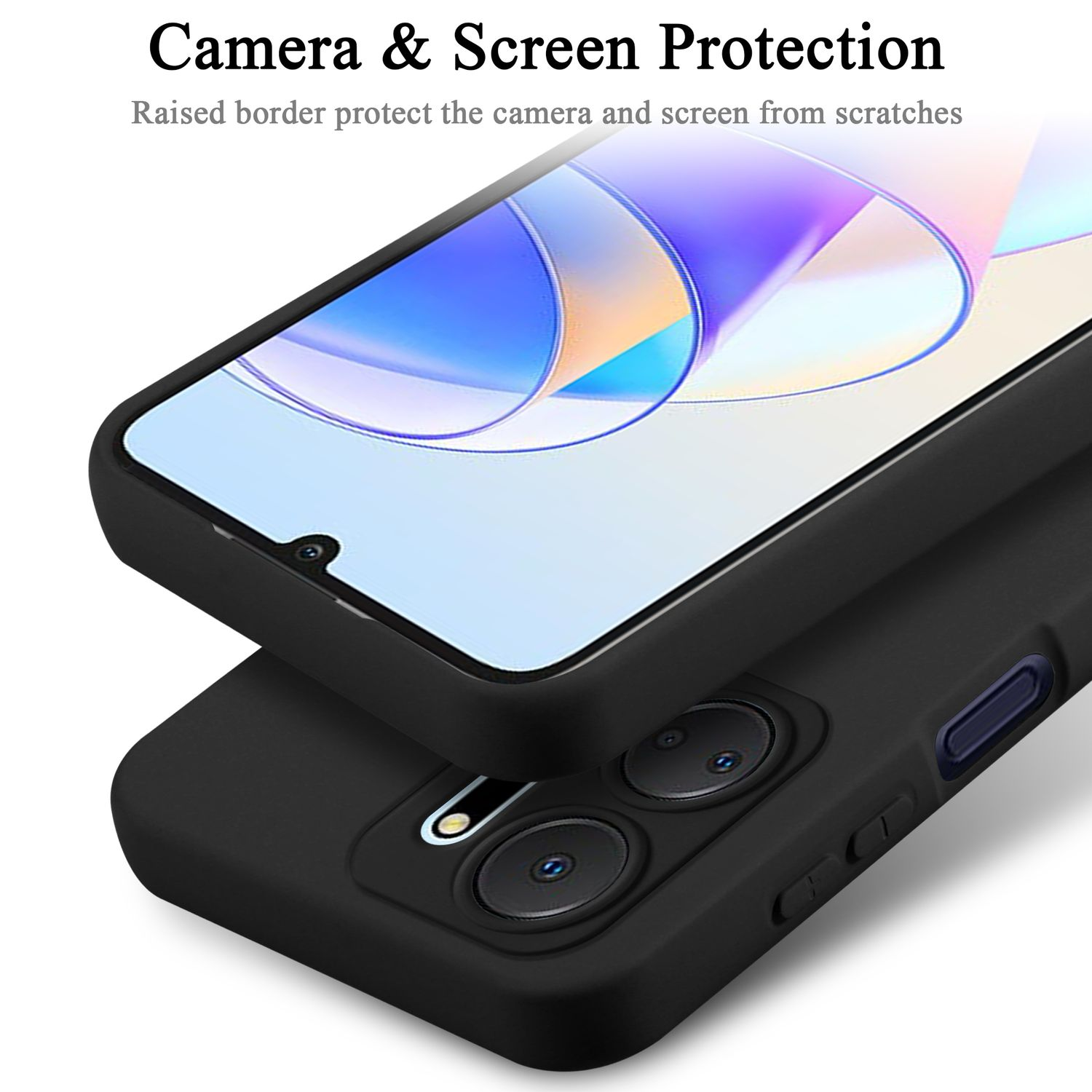 Primo piano di una custodia nera per telefono che protegge un telefono. Testo: Protezione fotocamera e schermo.