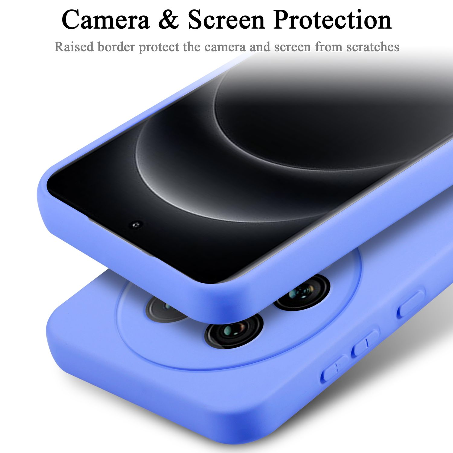 Un primo piano di una custodia per telefono, che mostra l'area della fotocamera e la protezione dello schermo. La custodia è azzurra.