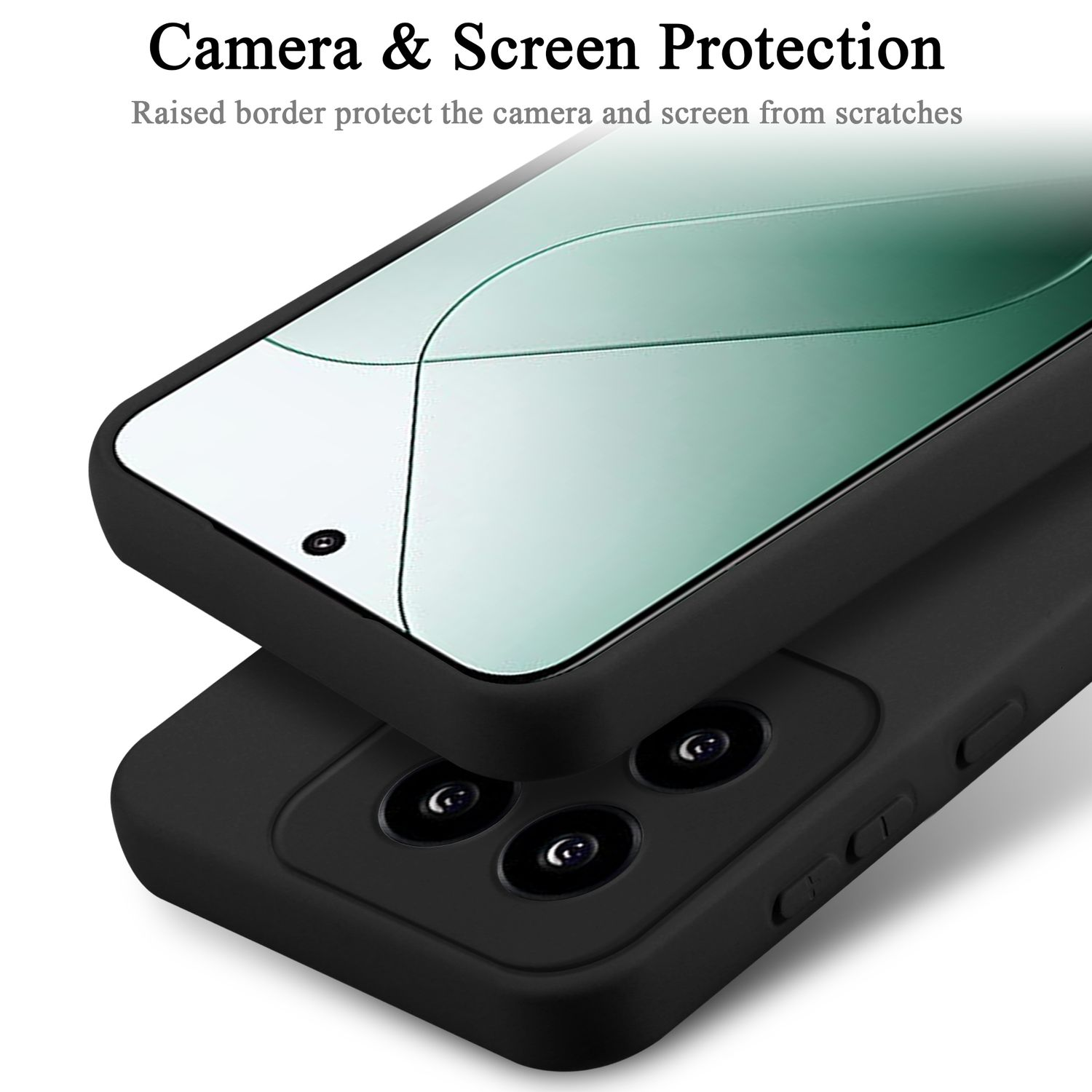 Custodia per telefono nera con protezione schermo applicata, che mostra la protezione della fotocamera e dello schermo.
