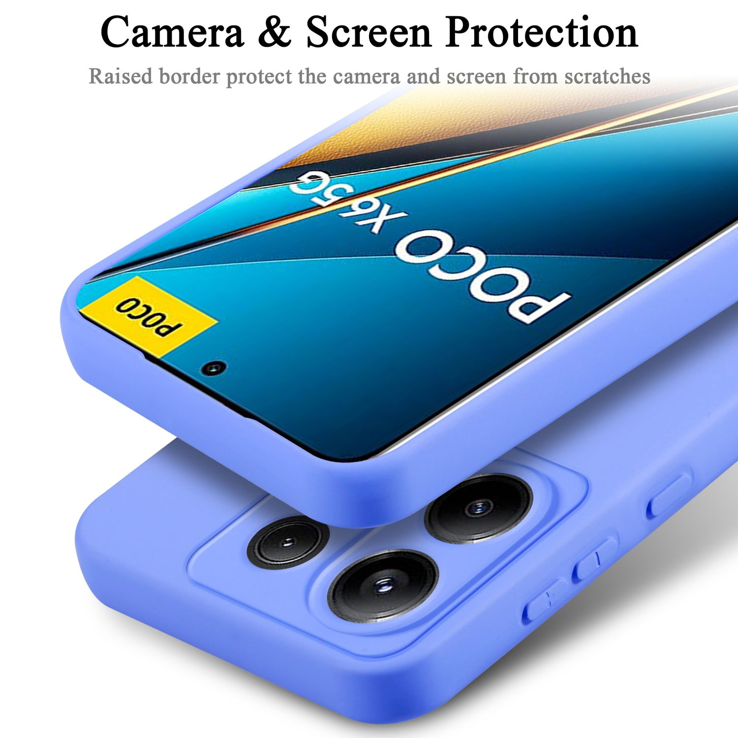 Due custodie per telefono in azzurro. Le custodie proteggono schermo e fotocamera dai graffi. Sfondo bianco.