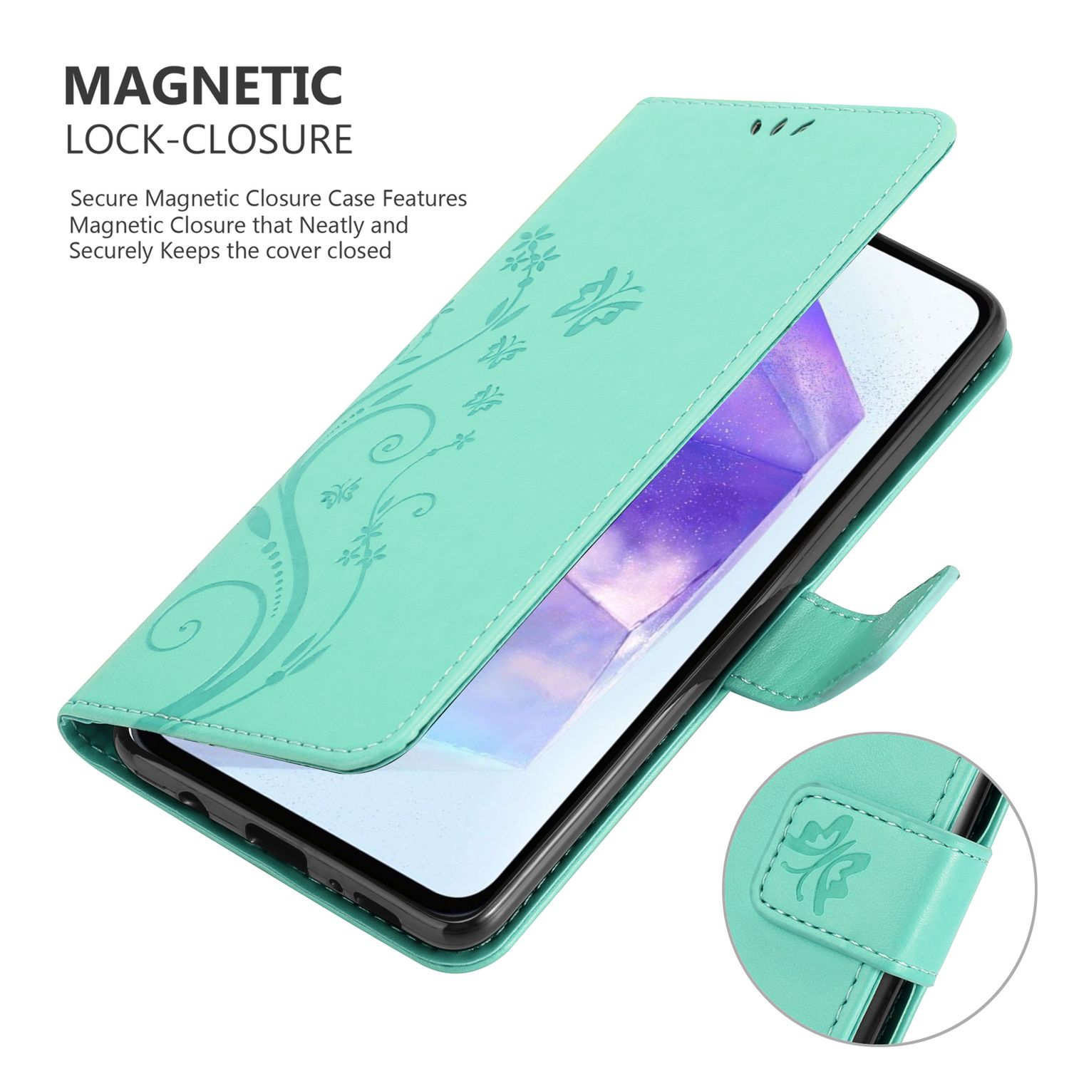 Custodia per telefono verde acqua con un disegno floreale, aperta. Il telefono è dentro la custodia.