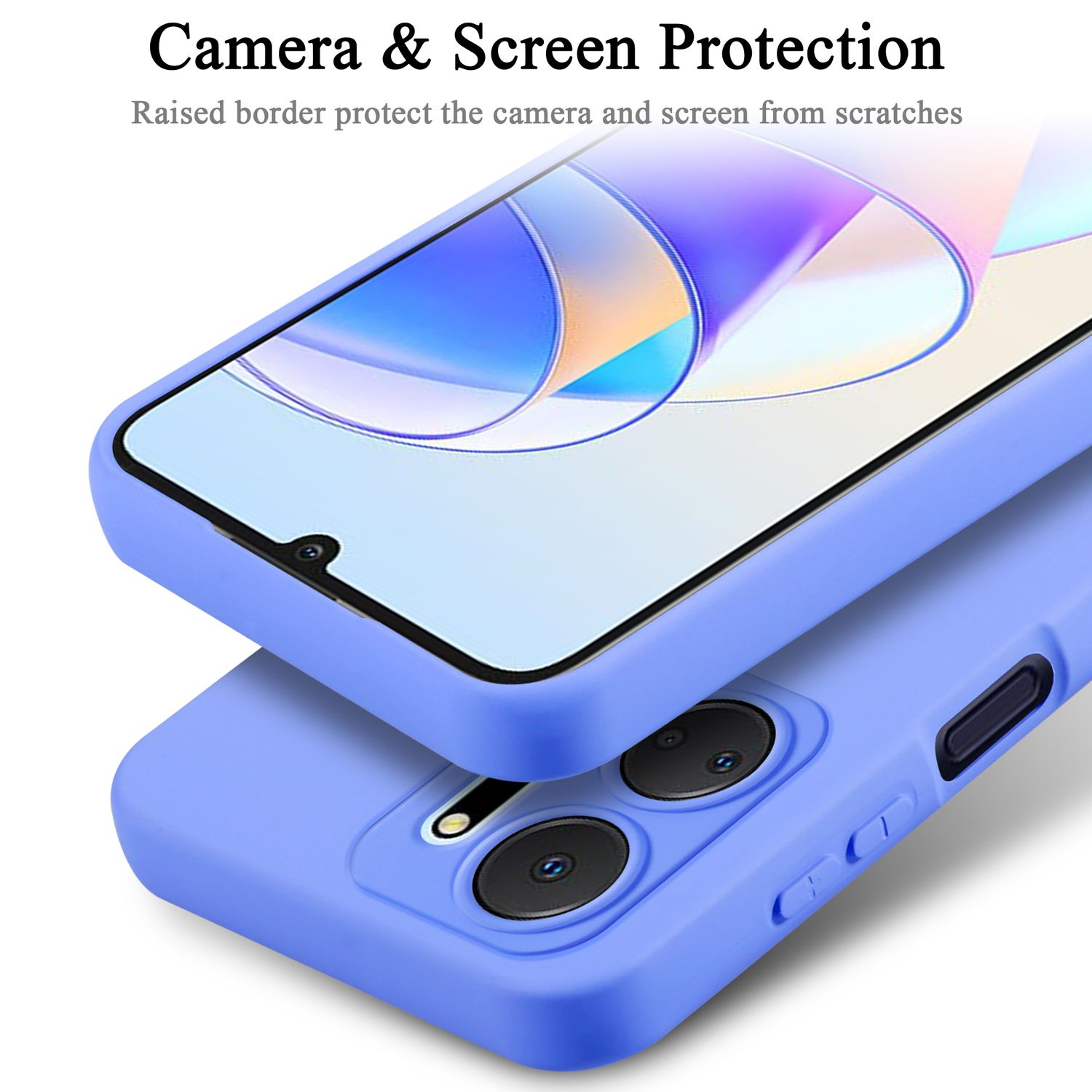 Custodia blu per telefono con fotocamere. Protegge fotocamera e schermo. Sfondo bianco.
