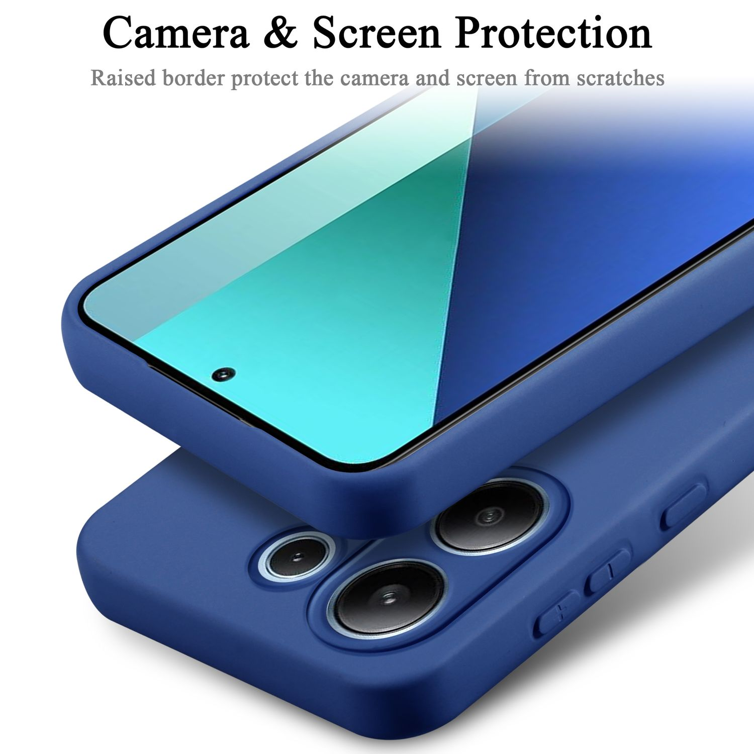 Custodia per telefono con due coperture. La custodia blu protegge fotocamera e schermo.