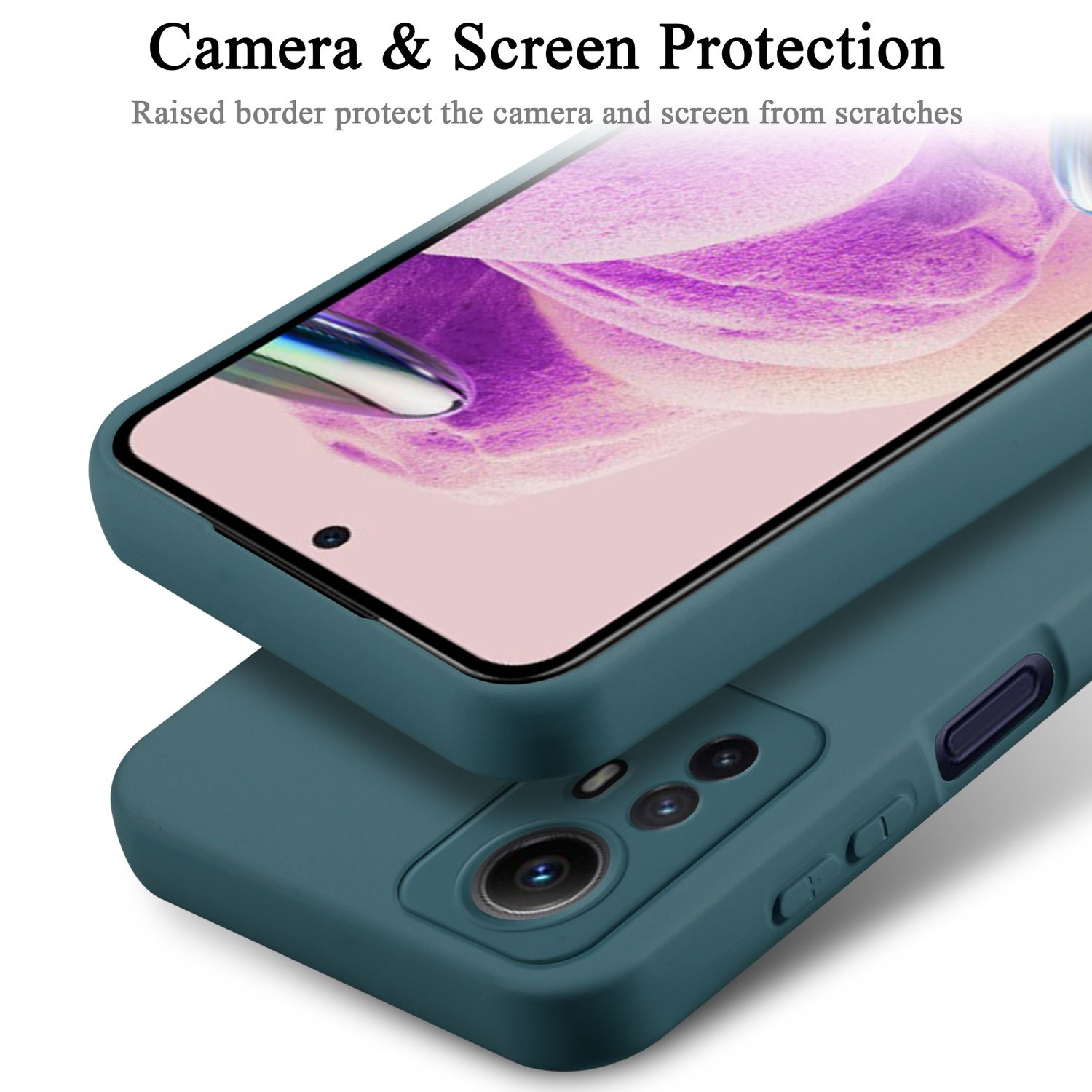 Una custodia per telefono con bordi rialzati per proteggere la fotocamera e lo schermo. Colore verde-acqua scuro.