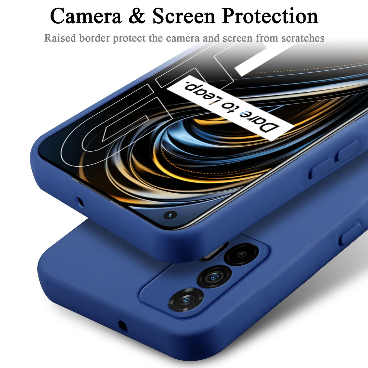Custodia blu per telefono protegge un telefono. Sfondo scuro. Sono visibili le parole 'Dare to leap'.