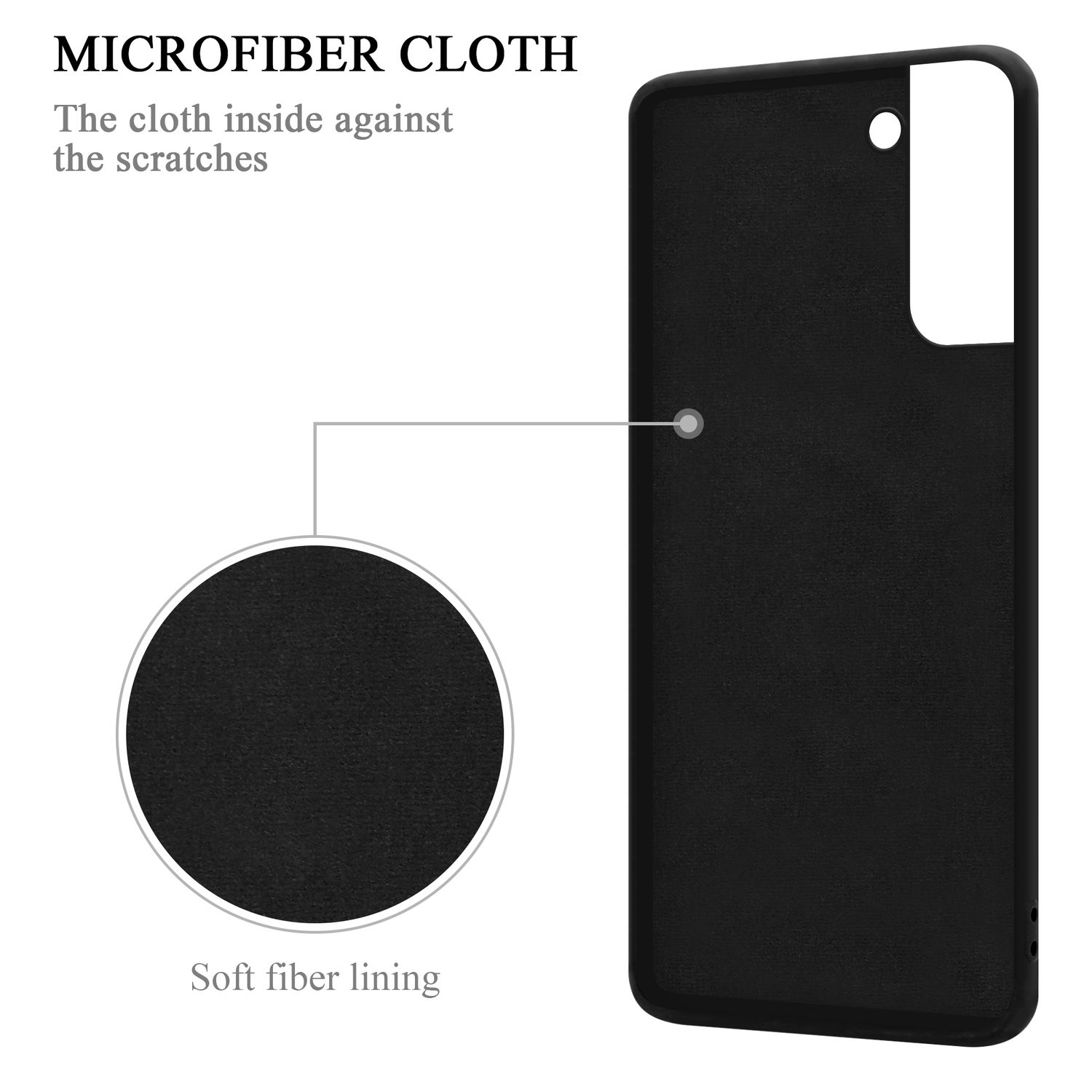 Custodia nera per telefono con dettaglio in microfibra. Primo piano della morbida fodera e design.
