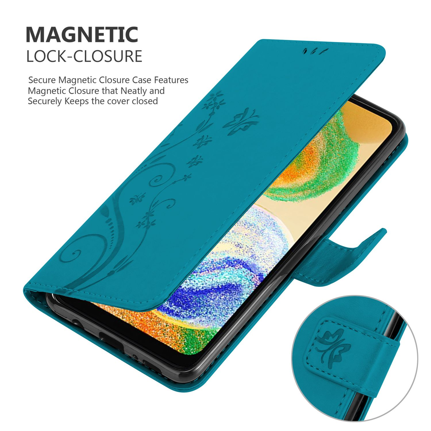 Una custodia per telefono color verde acqua è aperta, mostrando un telefono. La custodia ha un design floreale e una chiusura magnetica.