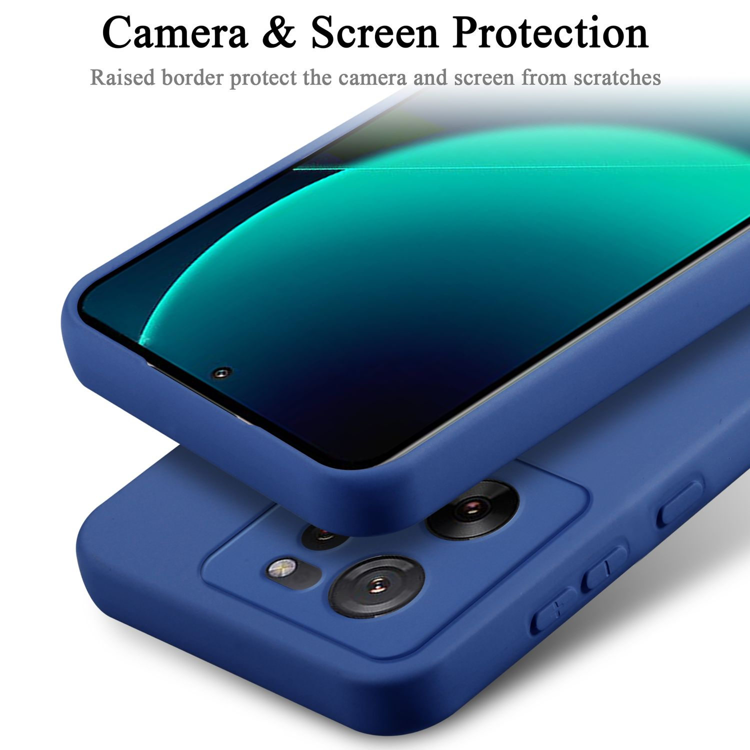 Eine blaue Handyhülle schützt ein Telefon und hebt Kamera- und Bildschirmschutzfunktionen hervor.