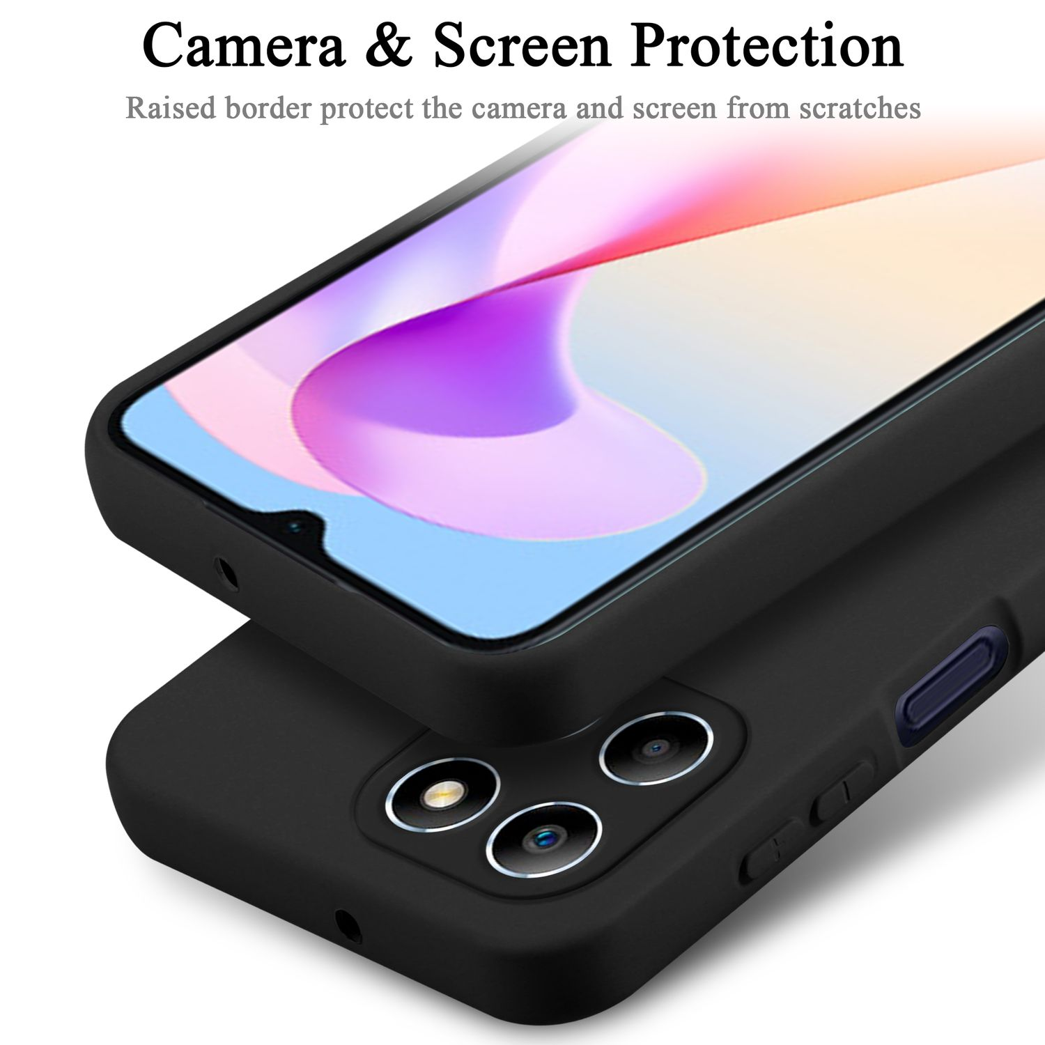 Una custodia nera per telefono con un telefono dentro. Il telefono ha uno schermo. La custodia protegge la fotocamera e lo schermo.