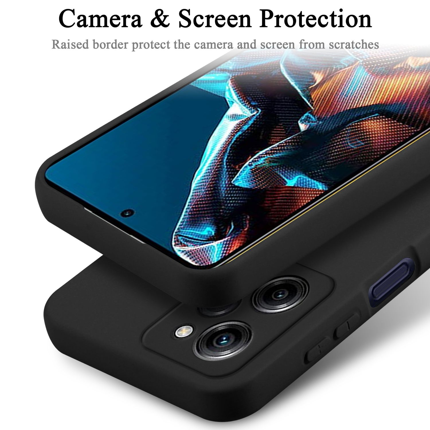 Primo piano di una custodia nera per telefono su uno smartphone, con protezione fotocamera e schermo.