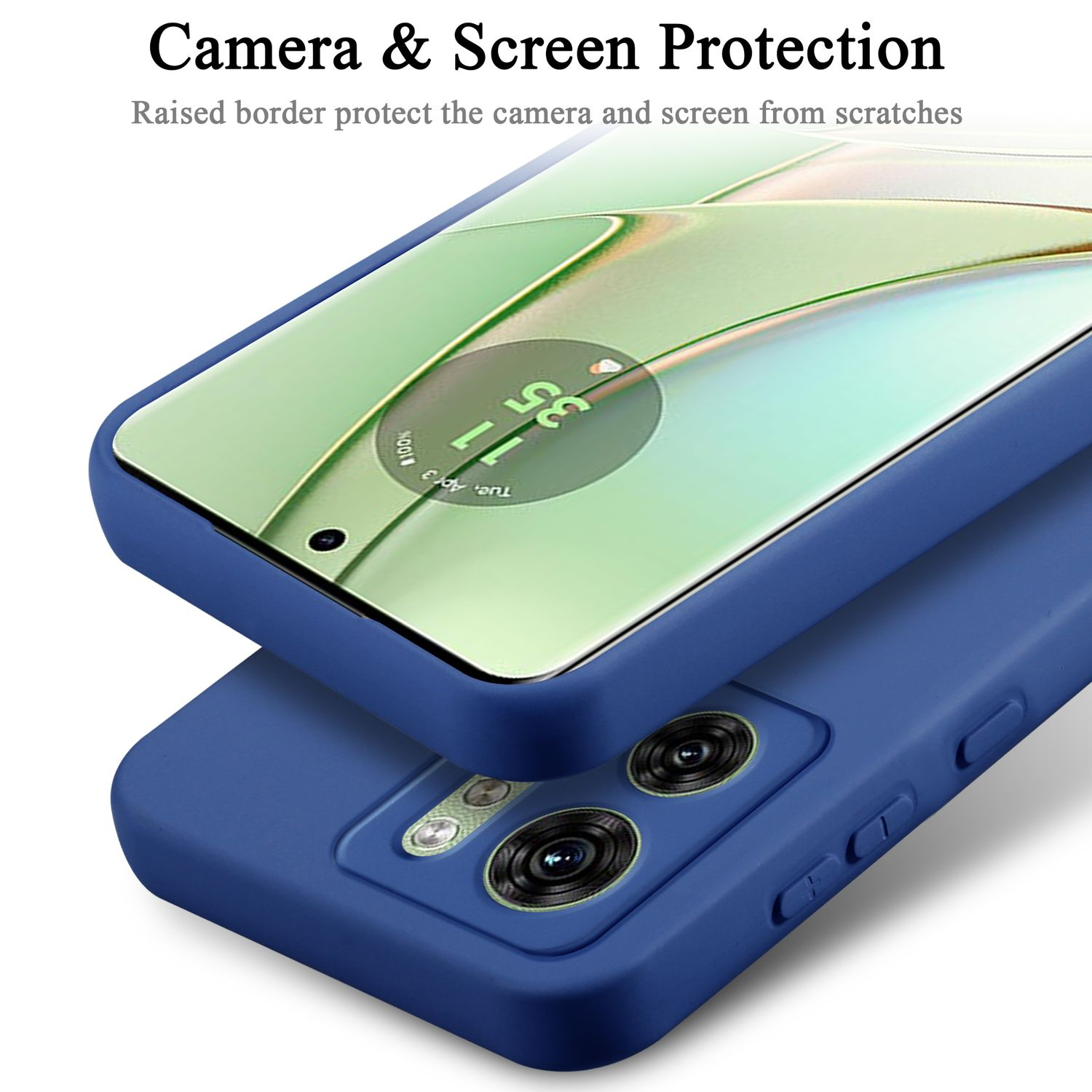 Una custodia blu per telefono con protezione schermo sopra un cellulare, mostrando lo schermo.