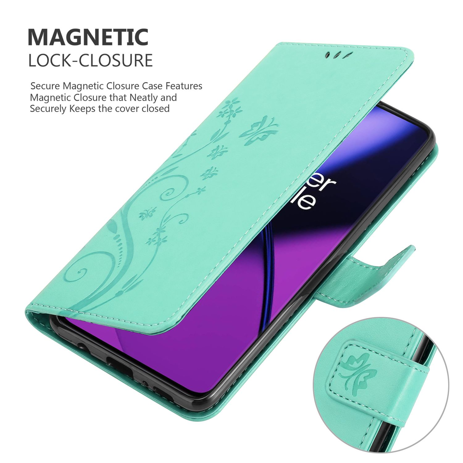 Una custodia per telefono verde acqua con design floreale, aperta per rivelare lo schermo del telefono.
