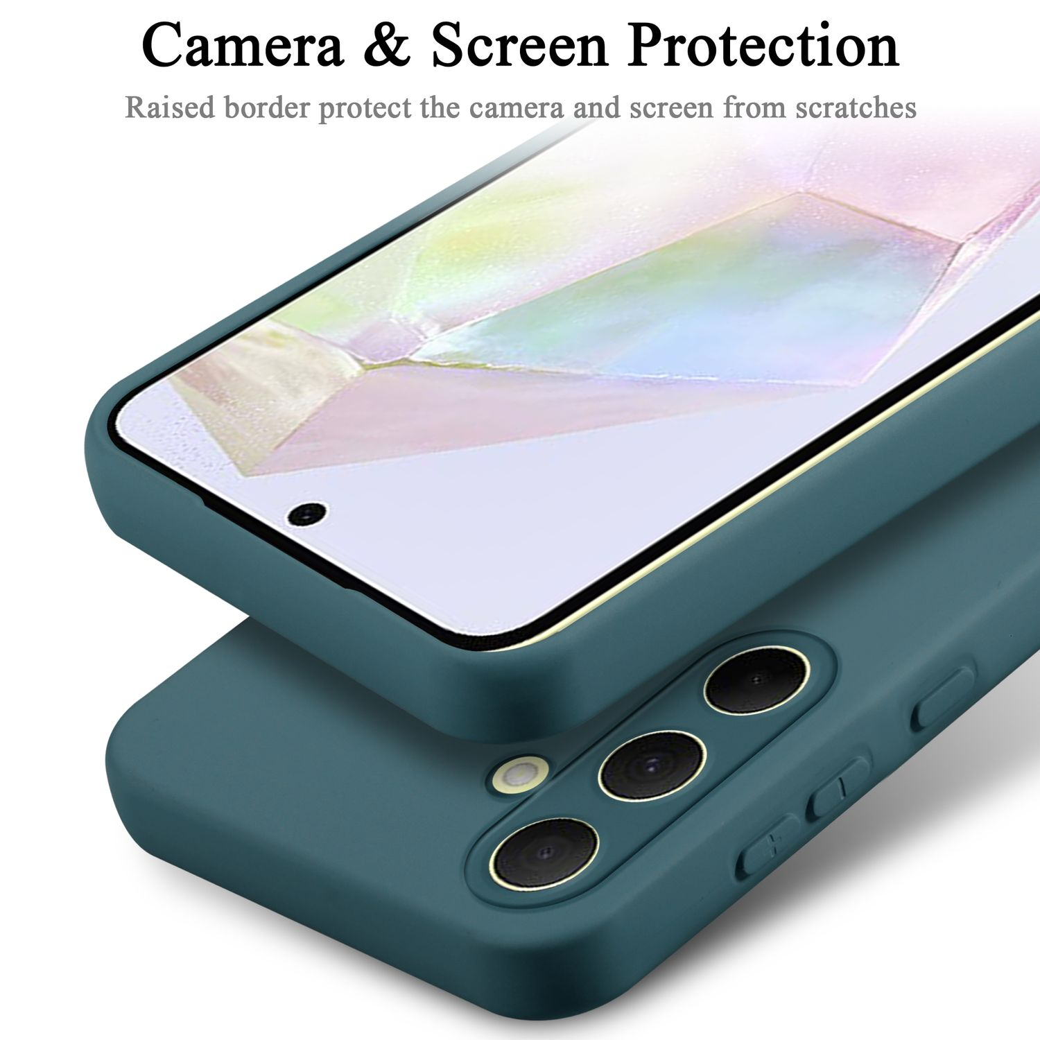 Una custodia per telefono con bordi rialzati per proteggere la fotocamera e lo schermo. Colore verde-acqua scuro.
