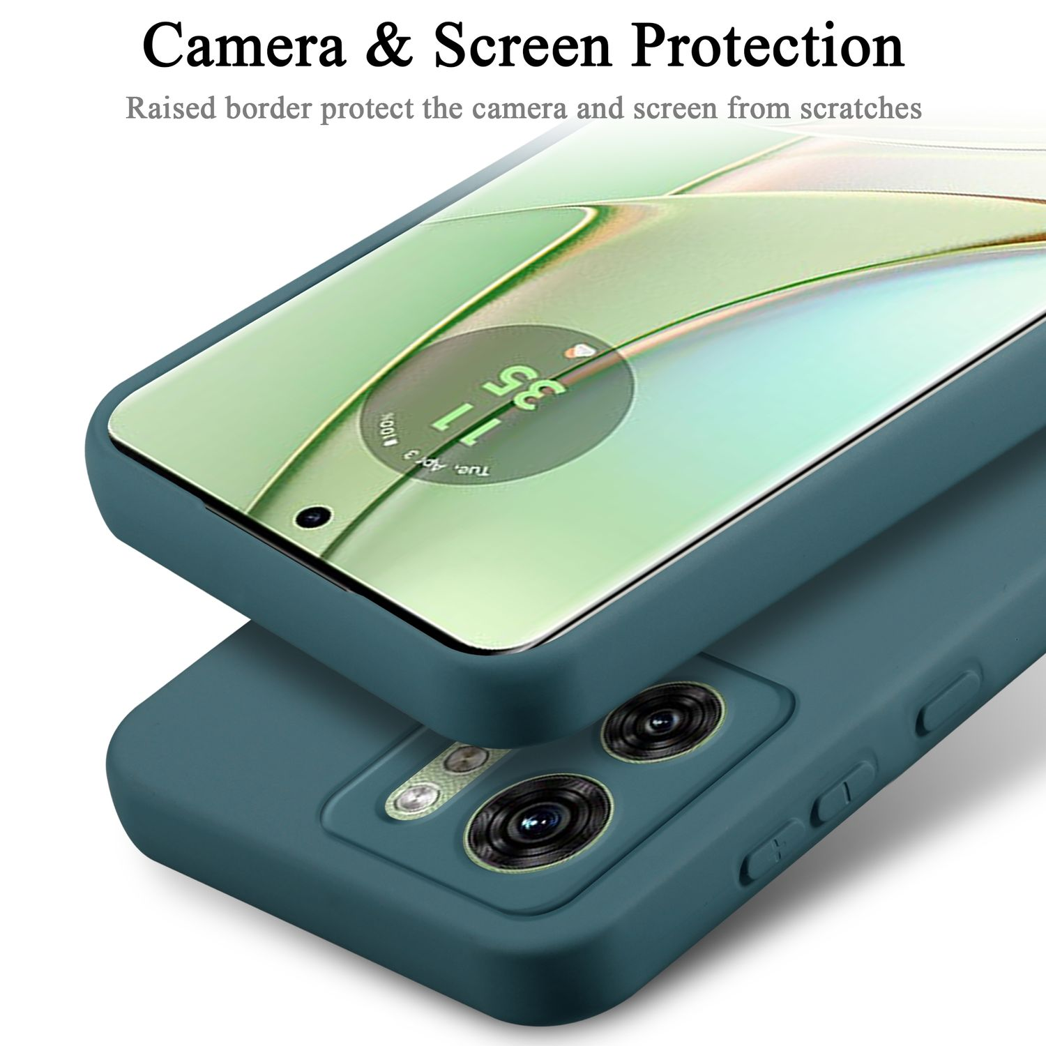 Custodia per telefono, verde acqua, su sfondo bianco, protegge schermo e fotocamera.