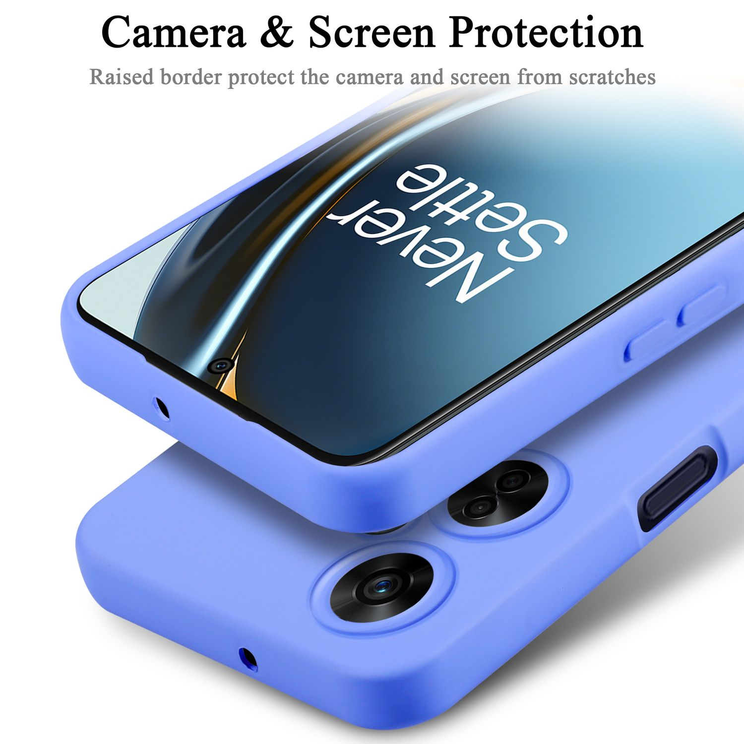 Custodia blu con telefono dentro. Testo: Protezione fotocamera e schermo.