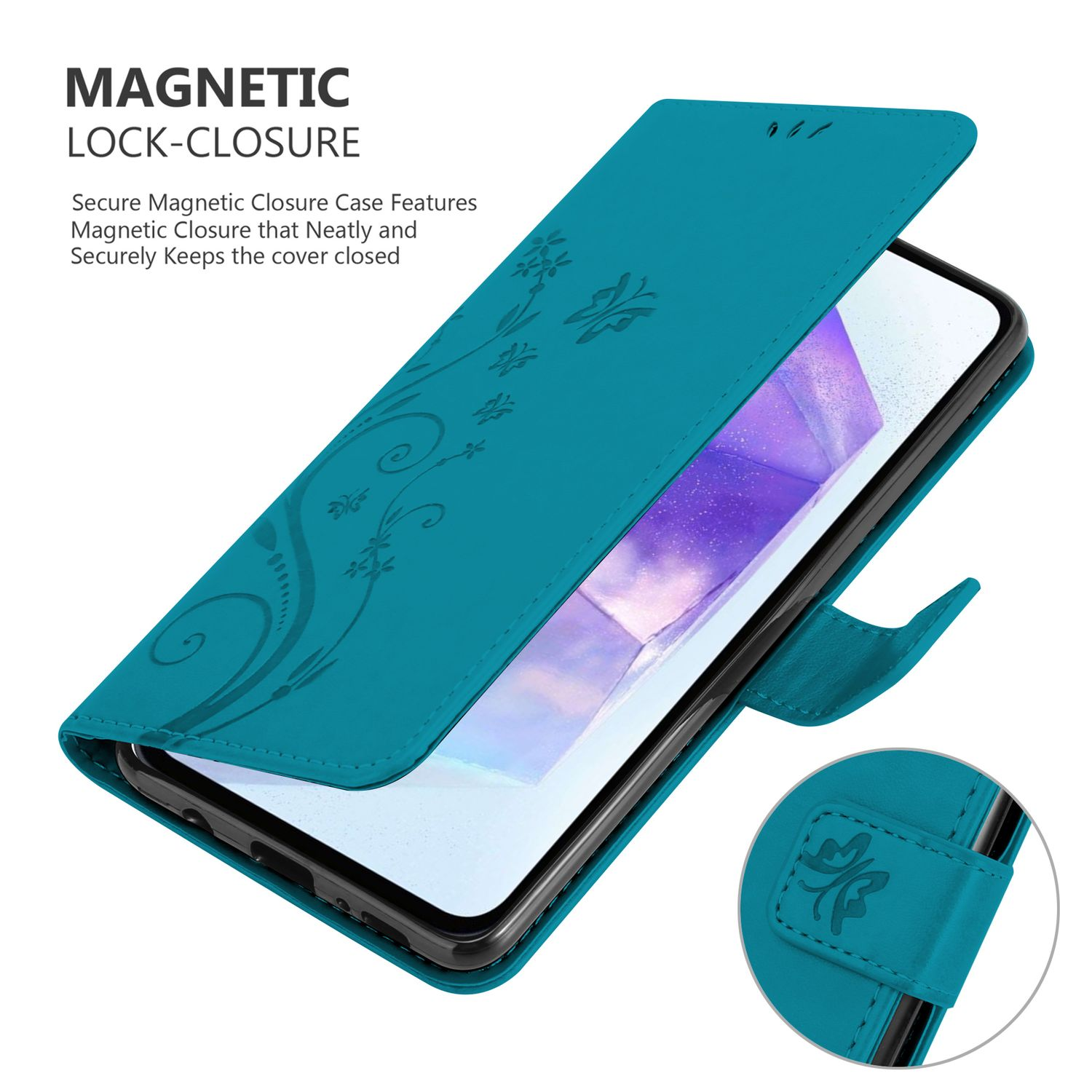 Custodia per telefono turchese, aperta per rivelare un telefono. Design floreale e chiusura magnetica.