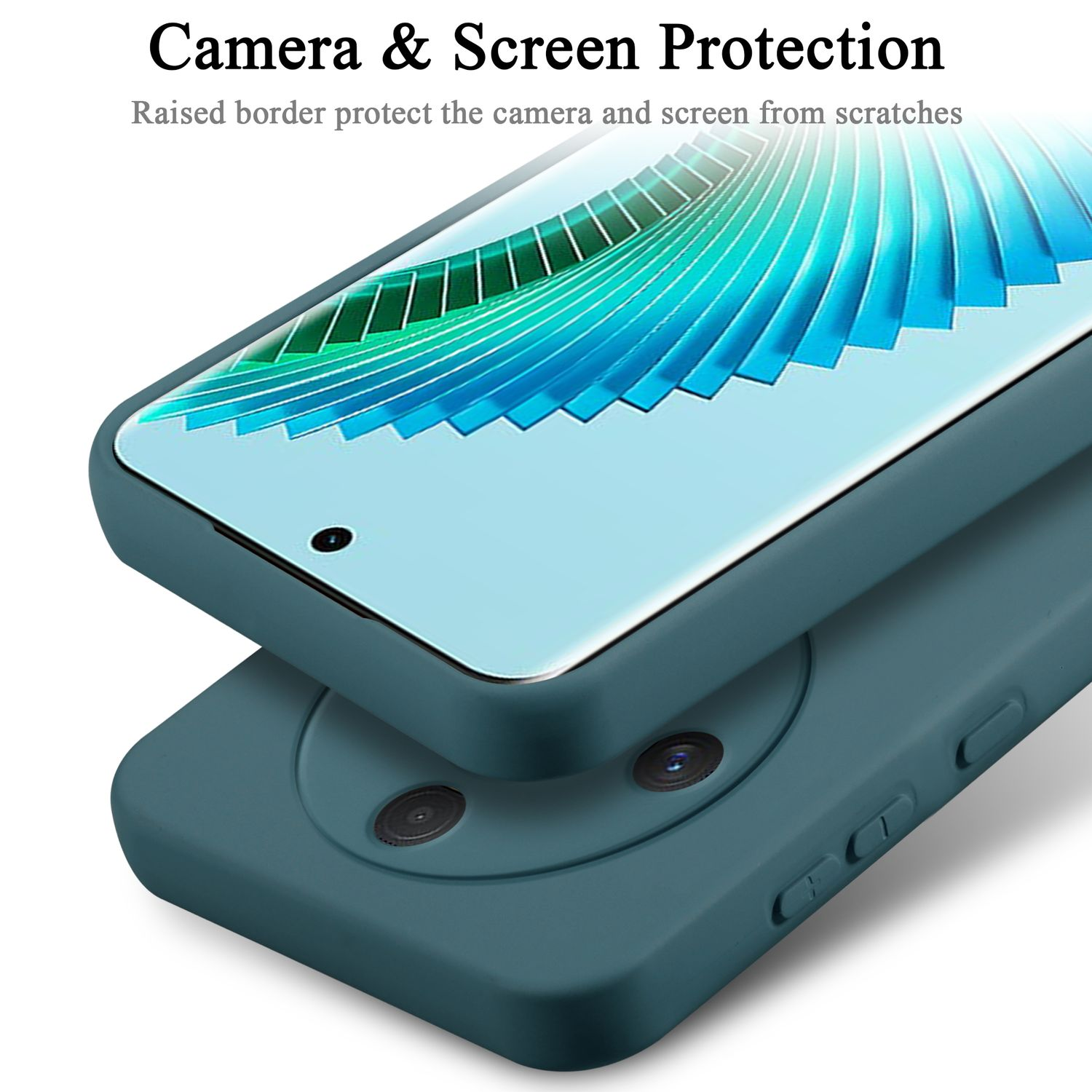 Due custodie per telefono color verde acqua, una con un telefono all'interno. Il design della custodia avvolge il telefono.