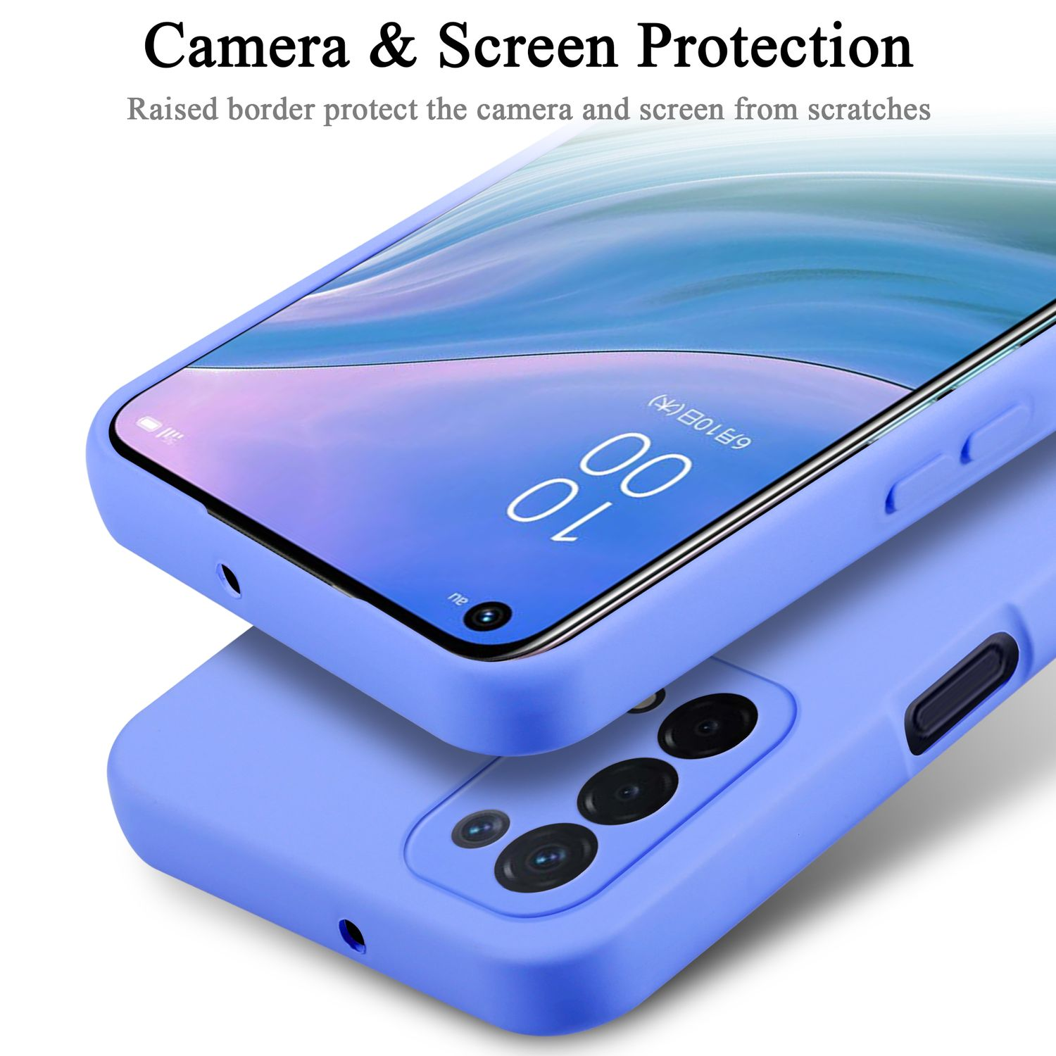 Un telefono e una custodia in un primo piano. Il telefono è blu e la custodia è azzurra.
