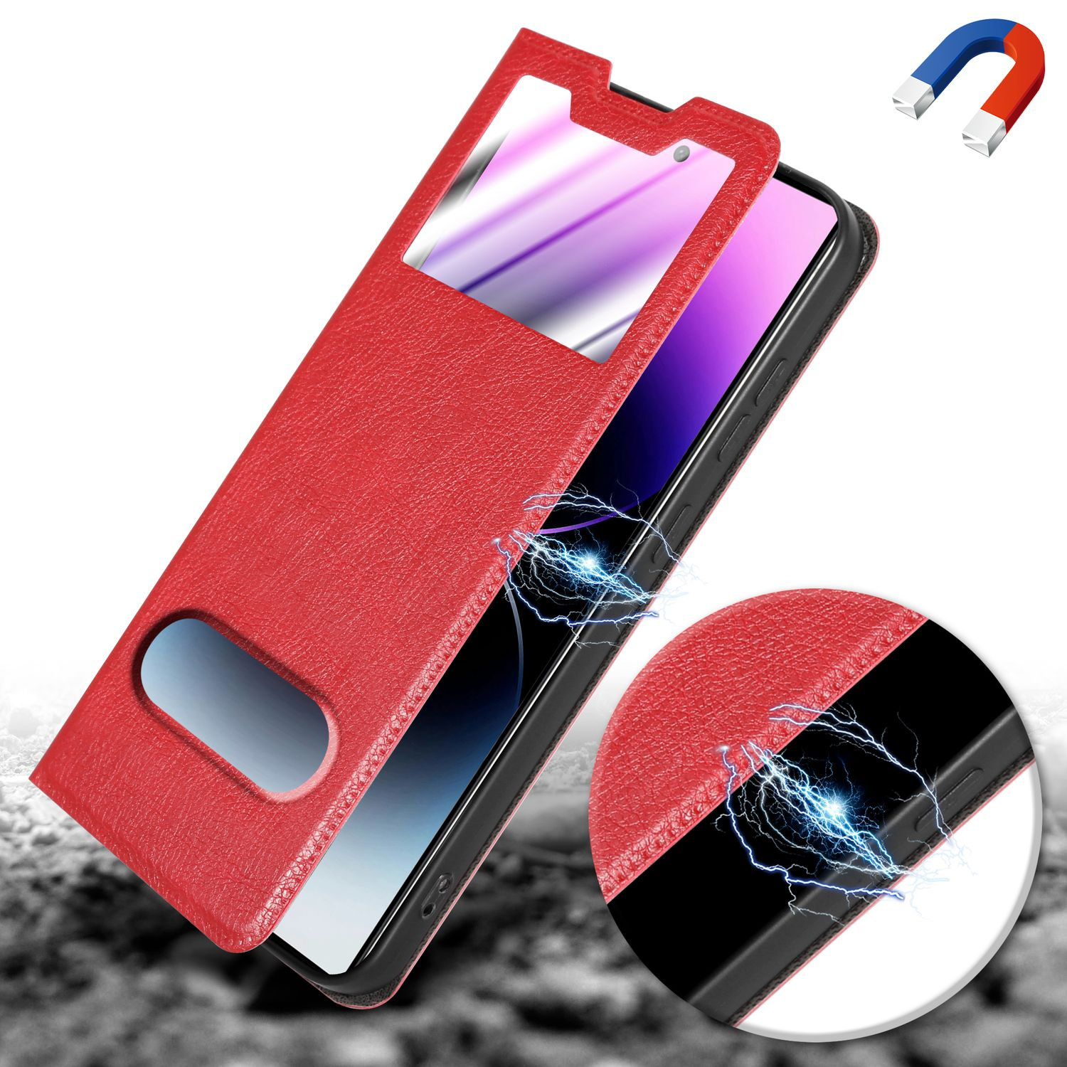 Custodia per telefono rossa con finestra aperta, rivela lo schermo. Un magnete e linee di energia blu.