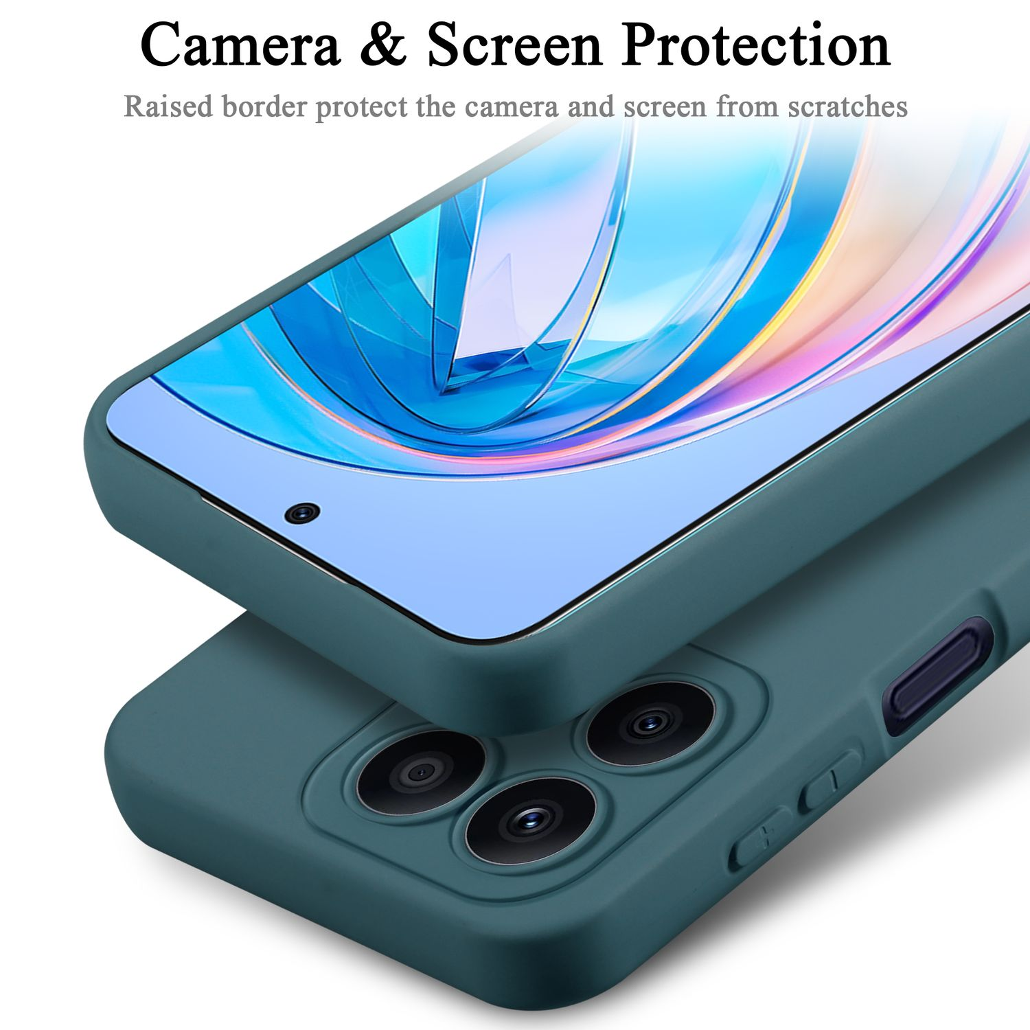 Due custodie per telefono impilate. Custodie verde acqua con bordo rialzato attorno alla fotocamera e schermo.