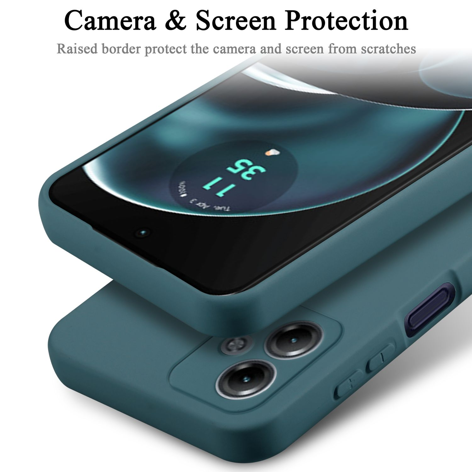 Custodia per telefono con protezione fotocamera e schermo. Custodia blu-verde, protezione schermo e telefono. Il testo evidenzia la protezione.
