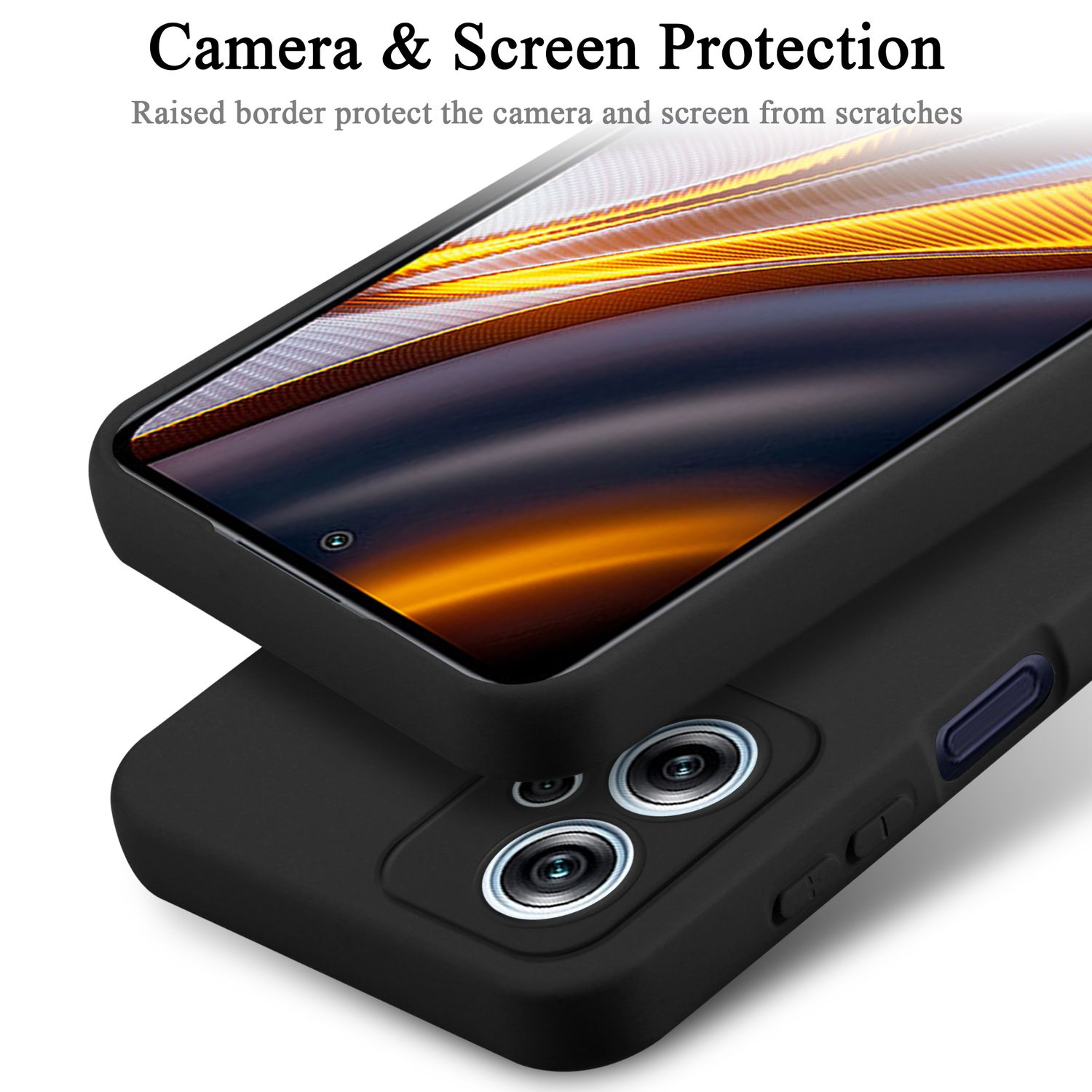 Custodia nera per telefono sopra un'altra. Testo: Protezione fotocamera e schermo, logo Poco.