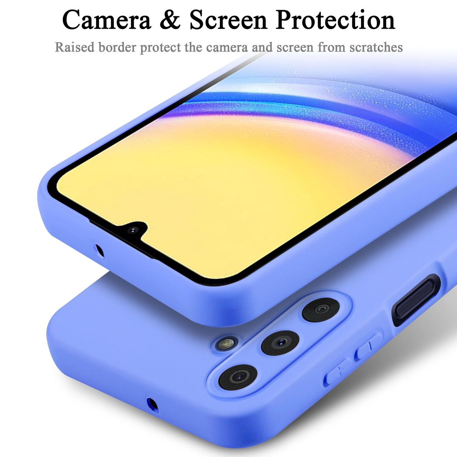 Due custodie blu per telefono impilate, che mostrano i dettagli della fotocamera e dello schermo.