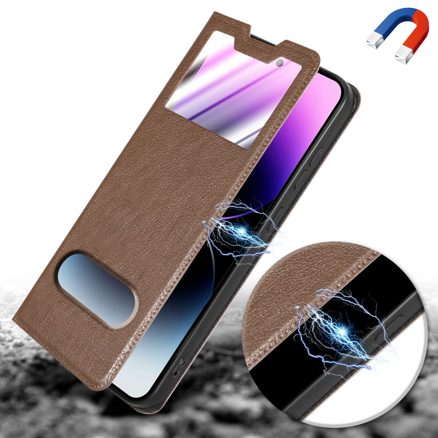 Custodia marrone per telefono con protezione schermo e magnete. Sfondo bianco.