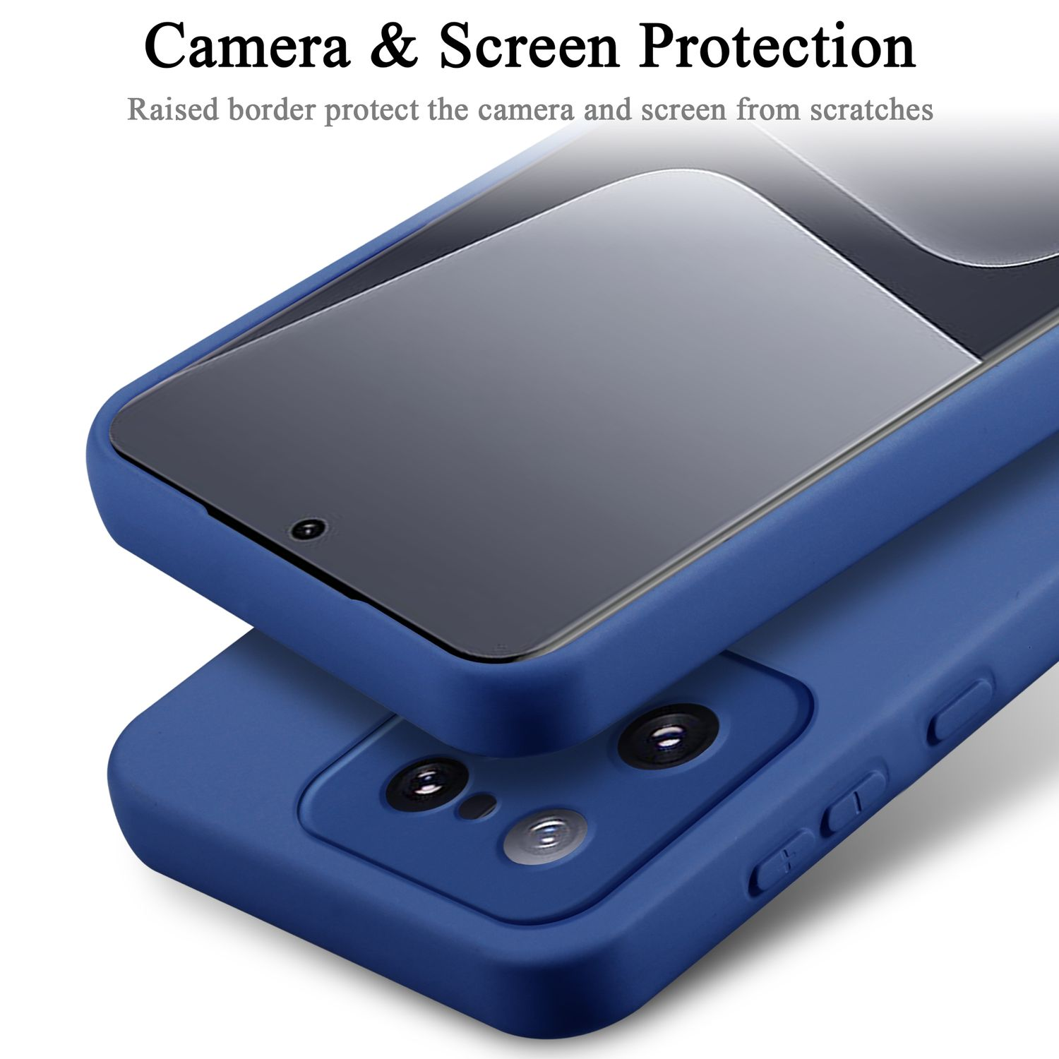 Custodia per telefono blu con bordi rialzati, che mostra la protezione della fotocamera e dello schermo.