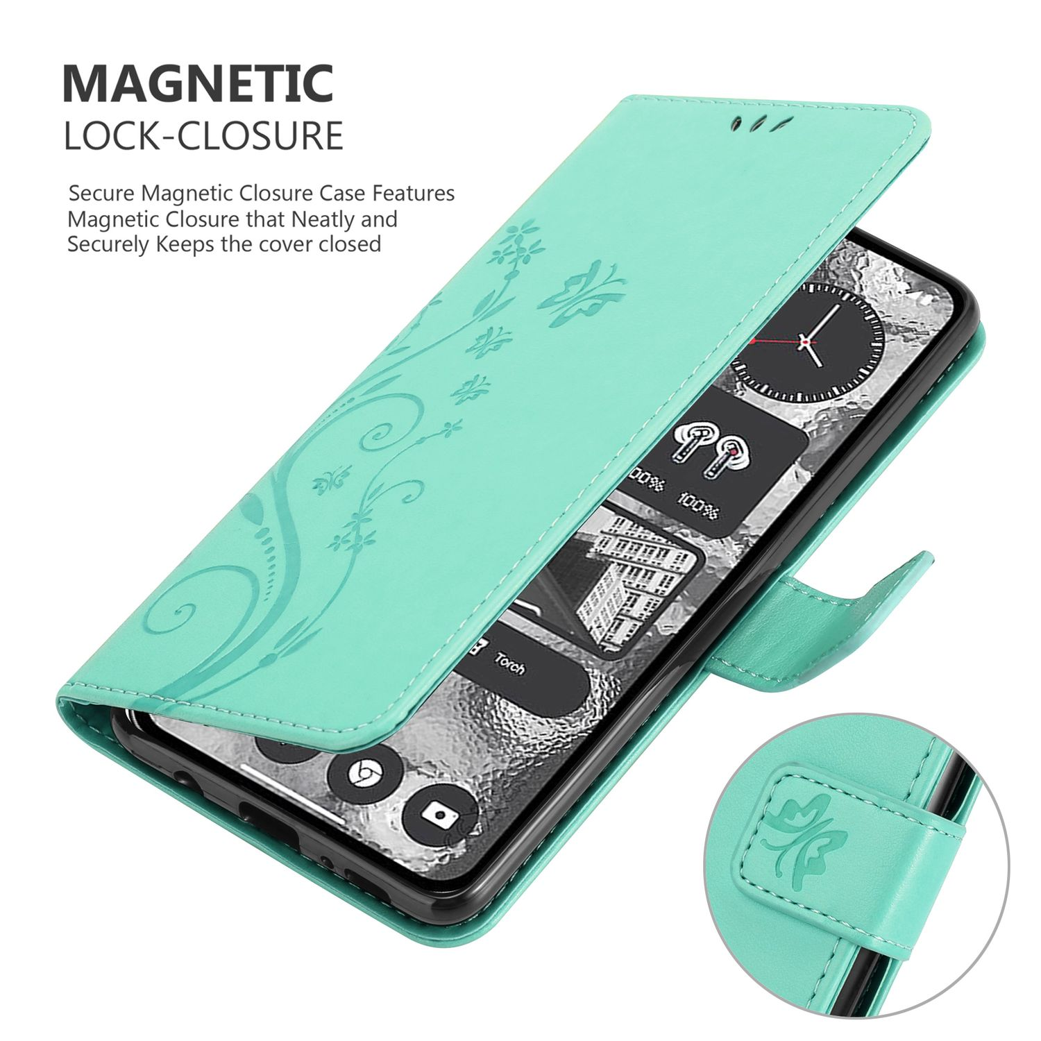 Custodia per telefono turchese con design floreale, aperta per rivelare un telefono con icone e chiusura magnetica.
