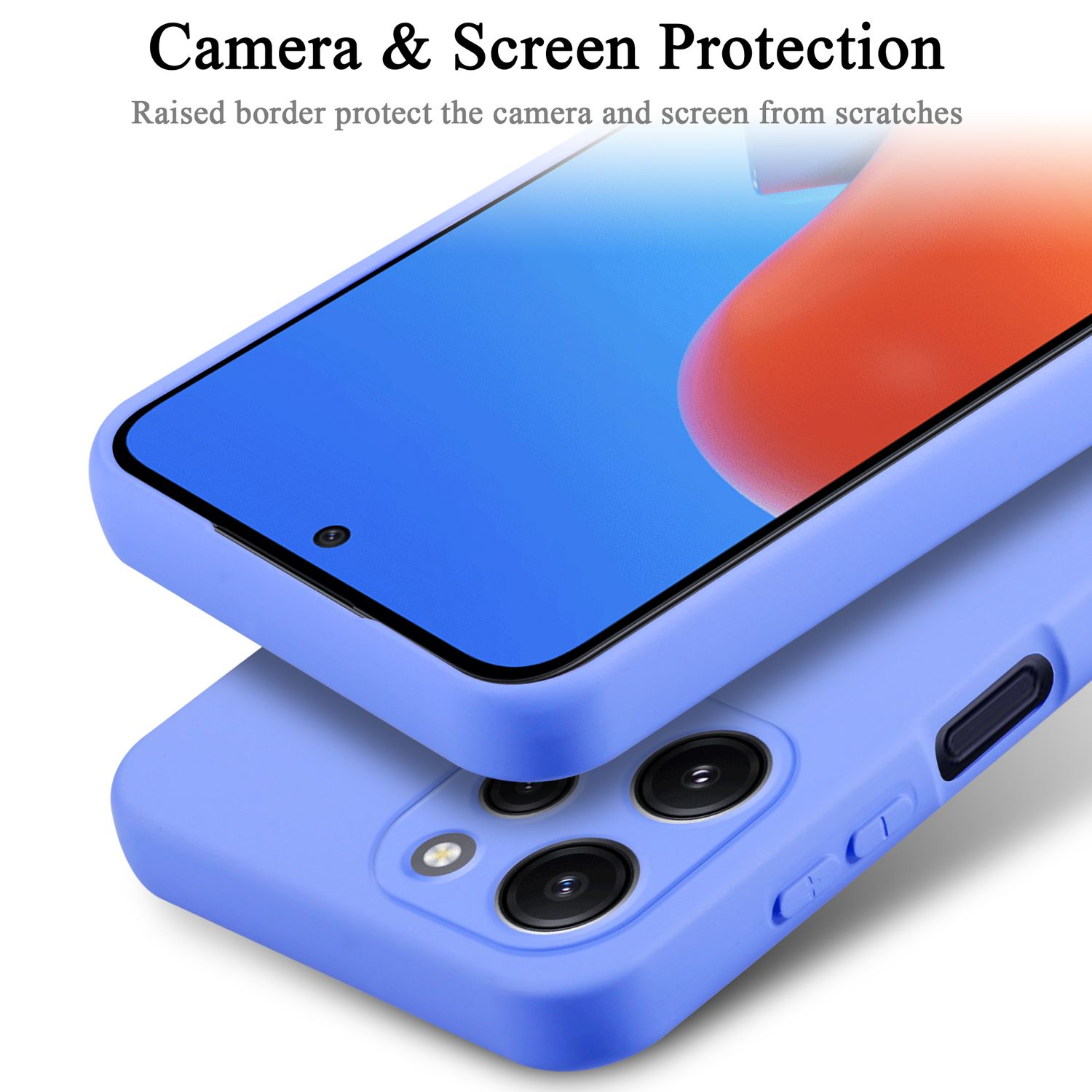 Due custodie blu per telefono impilate, quella superiore mostra la protezione della fotocamera e dello schermo.