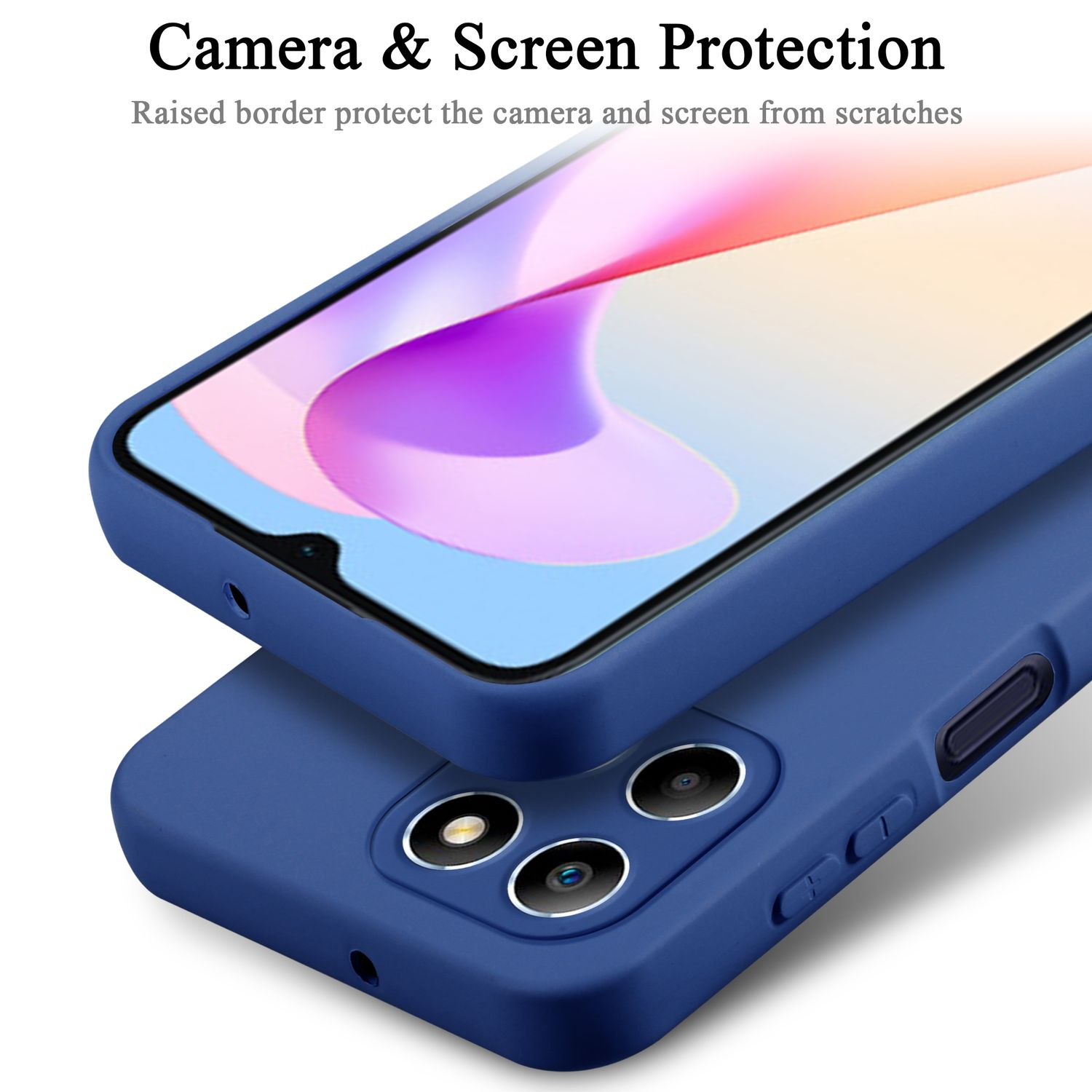 Una custodia blu per telefono protegge uno smartphone, con un bordo rialzato attorno alla fotocamera e allo schermo.