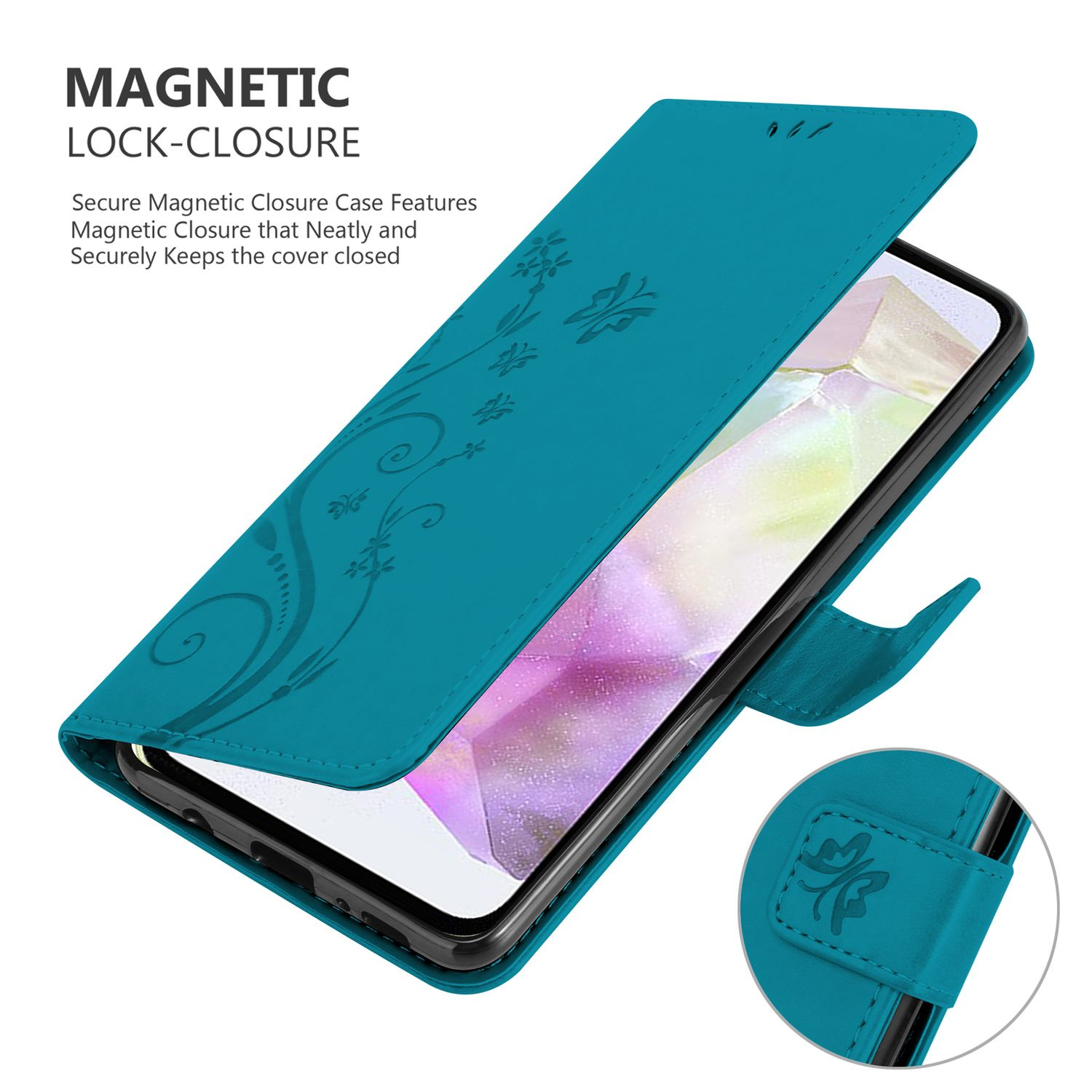 Custodia del telefono verde acqua con design floreale, aperta per rivelare un telefono.