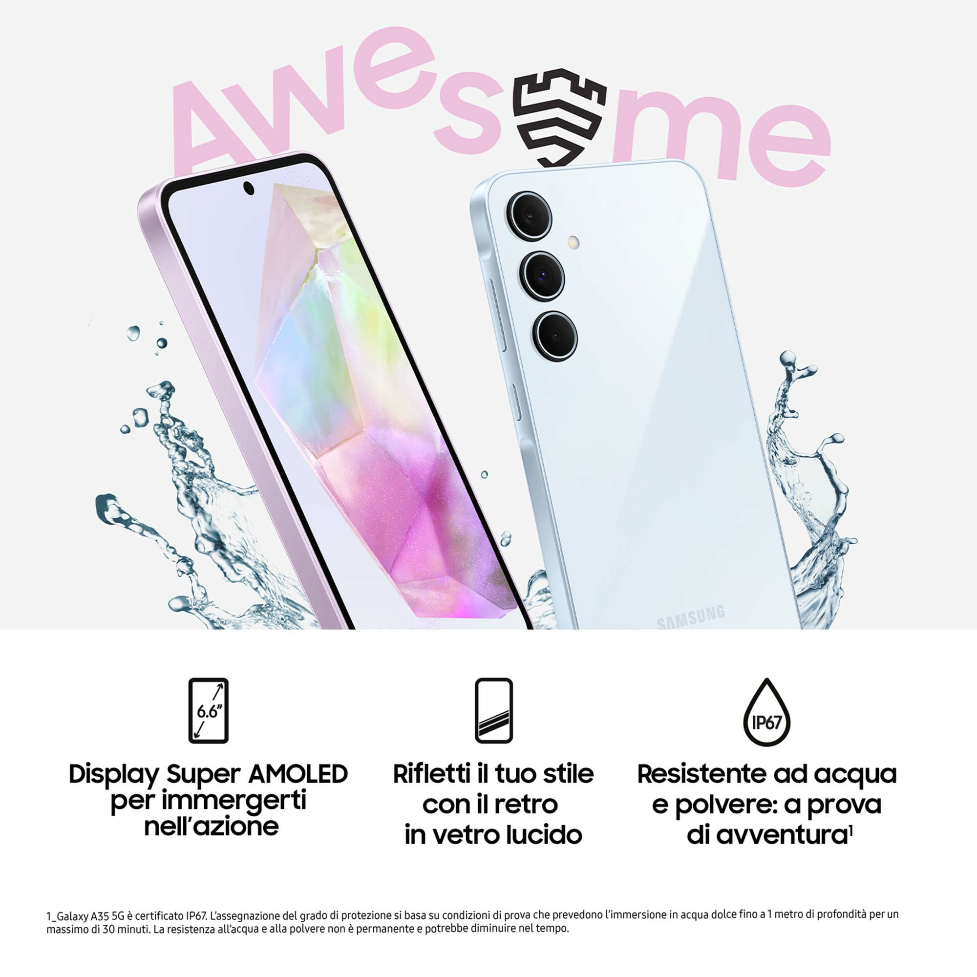 Due smartphone, uno rosa, uno bianco, con effetto spruzzi d'acqua. Il testo dice 'Fantastico'.