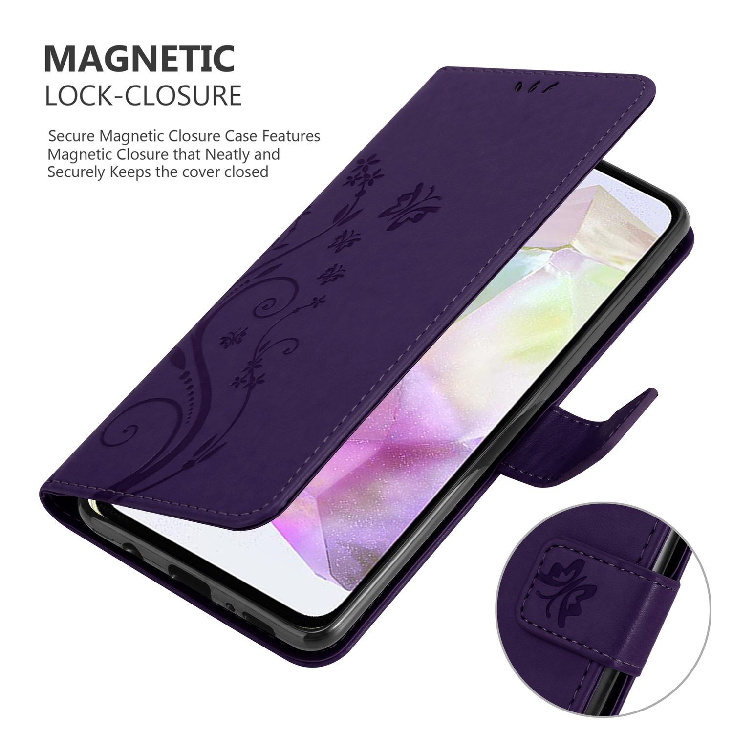 Custodia per telefono viola, aperta. Design floreale sulla copertina. Telefono visibile all'interno. Dettaglio chiusura magnetica a destra.