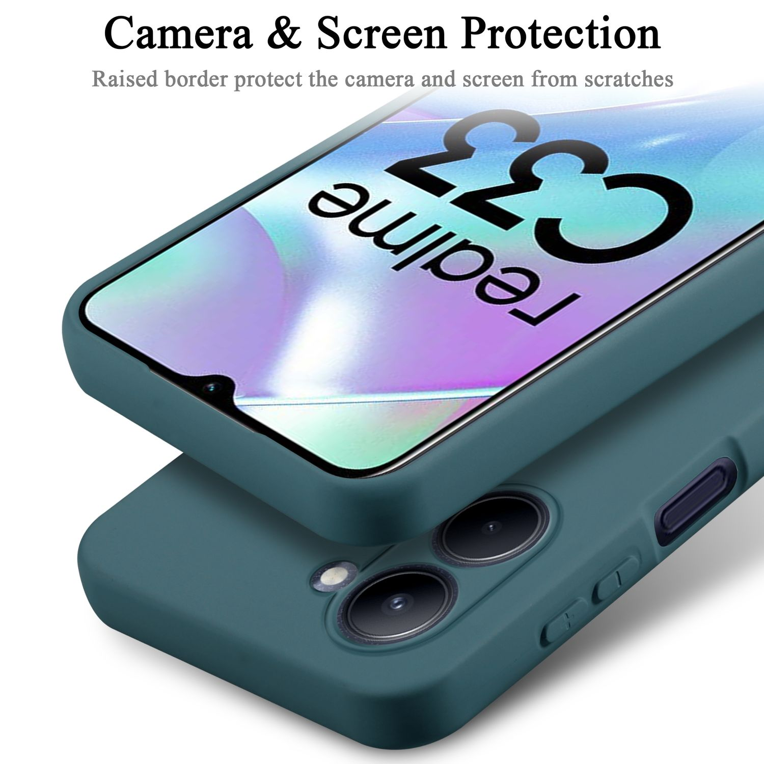 Una custodia teal per telefono con un telefono all'interno, lo schermo dice 'realme C33', protegge la fotocamera.