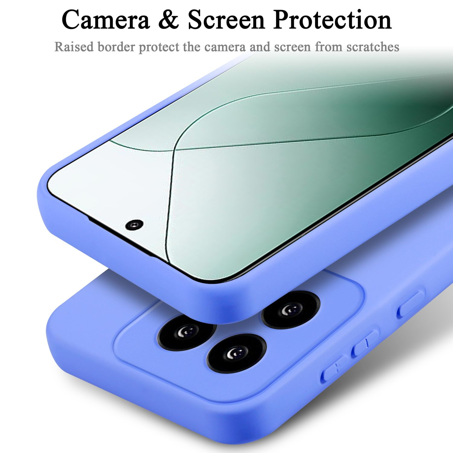 Custodia viola per telefono e protezione schermo. Testo: Protezione fotocamera e schermo.