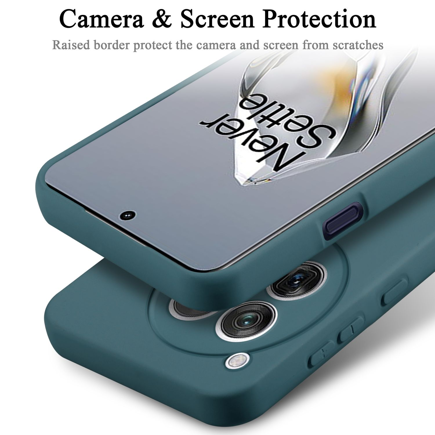 Custodia del telefono con il telefono all'interno, fotocamera e schermo sono protetti dai graffi.