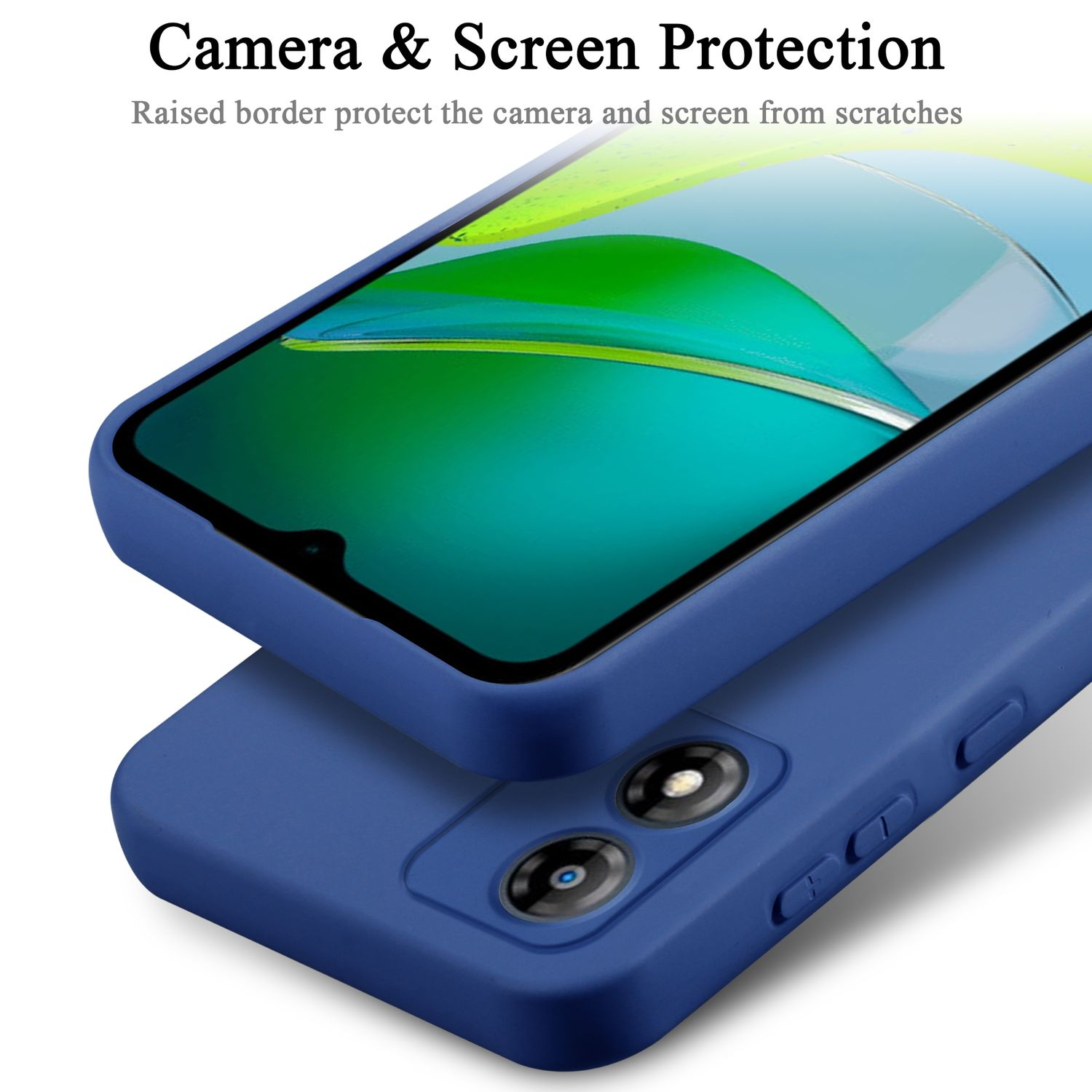 Custodia per telefono blu, una impilata sull'altra. Bordi rialzati proteggono fotocamera e schermo.