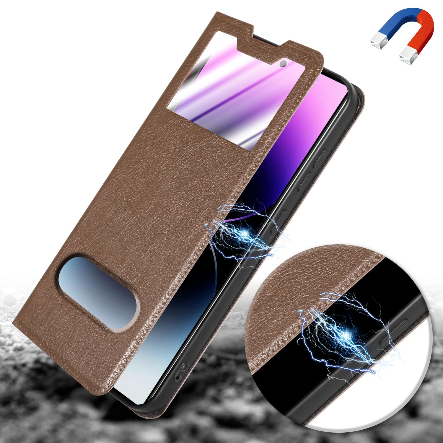 Custodia marrone per telefono aperta, con schermo visibile. Simbolo magnete in alto a destra.