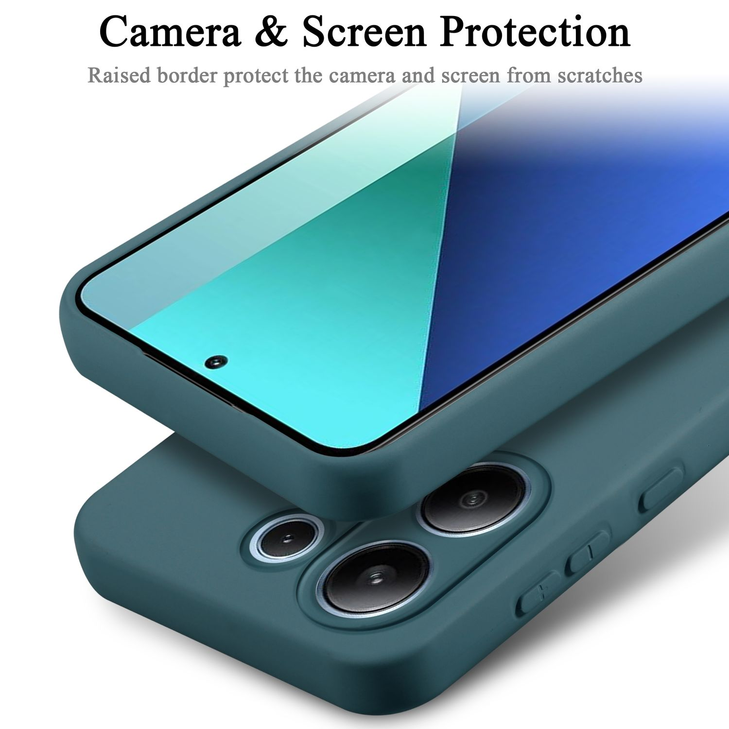 Primo piano di una custodia per telefono color verde acqua, che mostra le lenti della fotocamera e la protezione dello schermo, con testo sulla protezione.