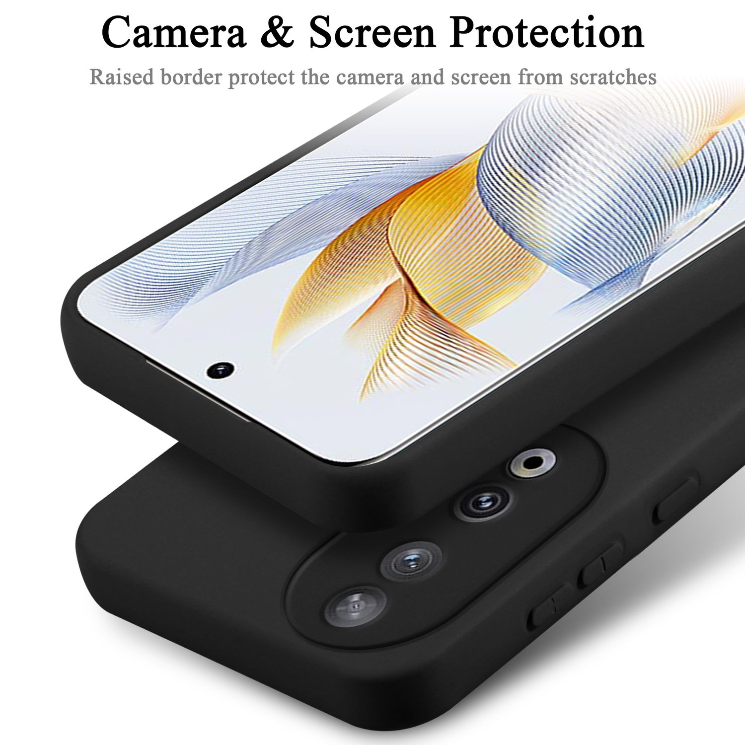 Custodia nera per telefono su bianco, mostra le funzioni di protezione di fotocamera e schermo.