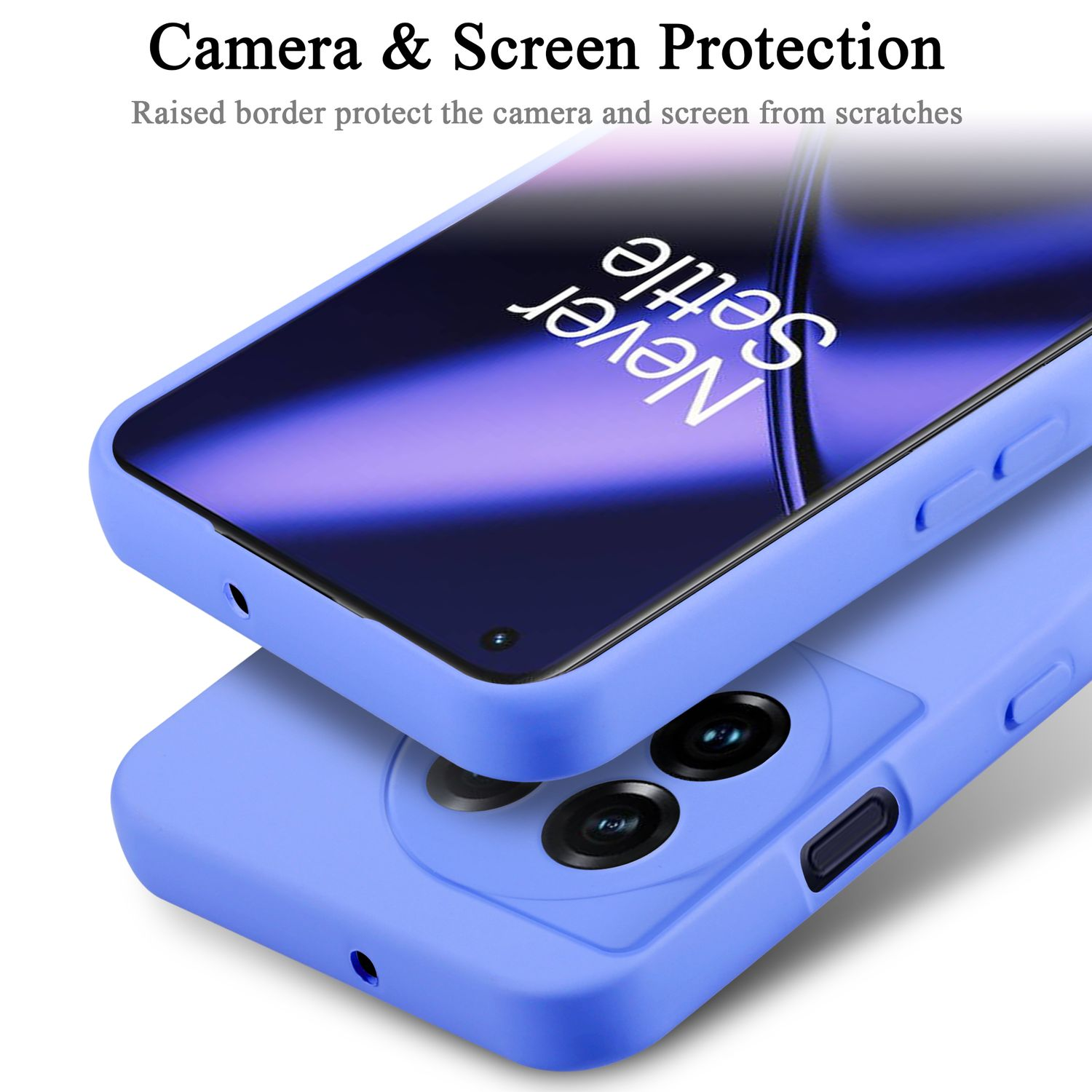 Eine blaue Handyhülle schützt ein Smartphone. Das Telefon hat eine Displayschutzfolie und die Kamera ist abgedeckt.
