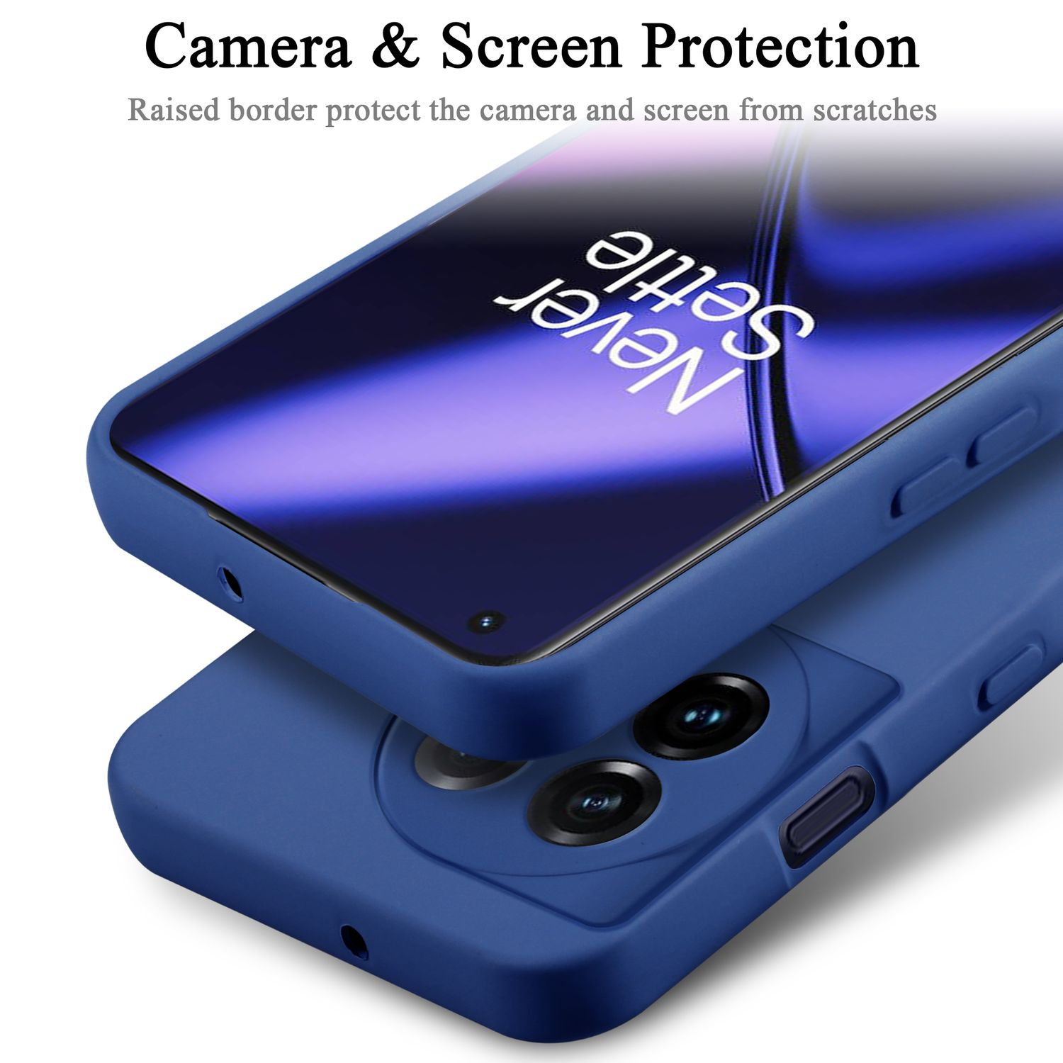 Blaue Handyhülle mit Telefon, Nahaufnahme der Rückseite.
