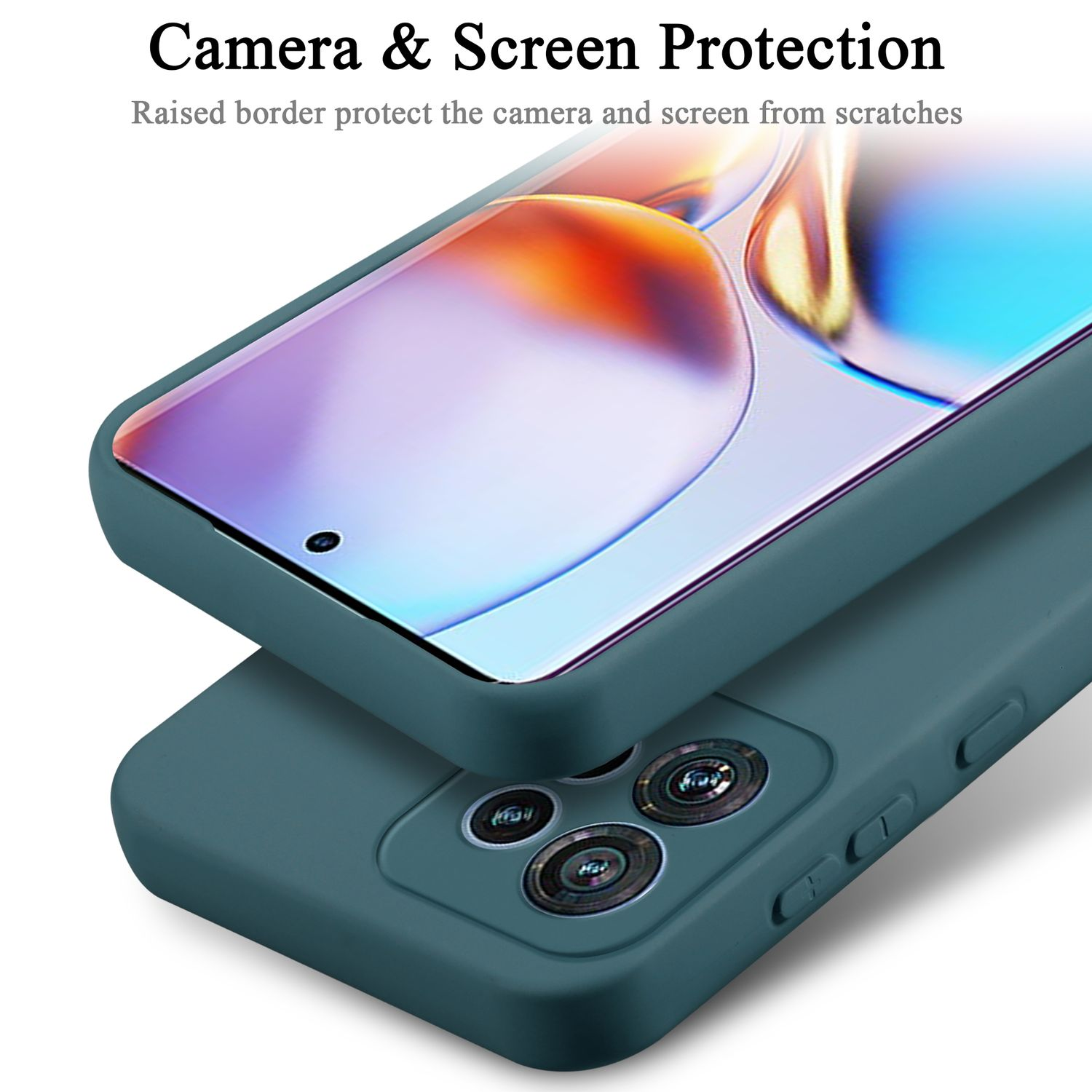 Custodia del telefono verde acqua che protegge un telefono, bordo rialzato attorno allo schermo.