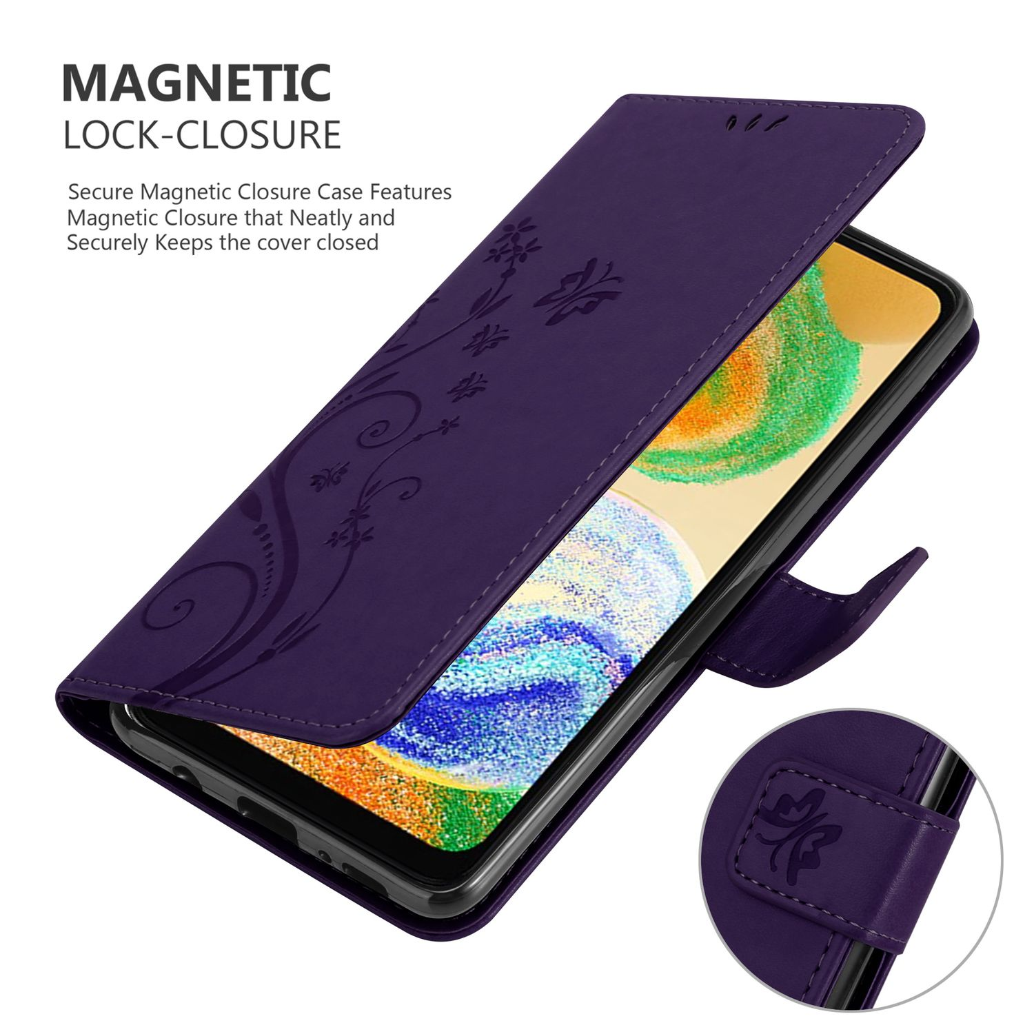 Custodia viola aperta, design floreale, con telefono all'interno. Chiusura magnetica visibile, testo: 'Magnetic Lock-Closure'.