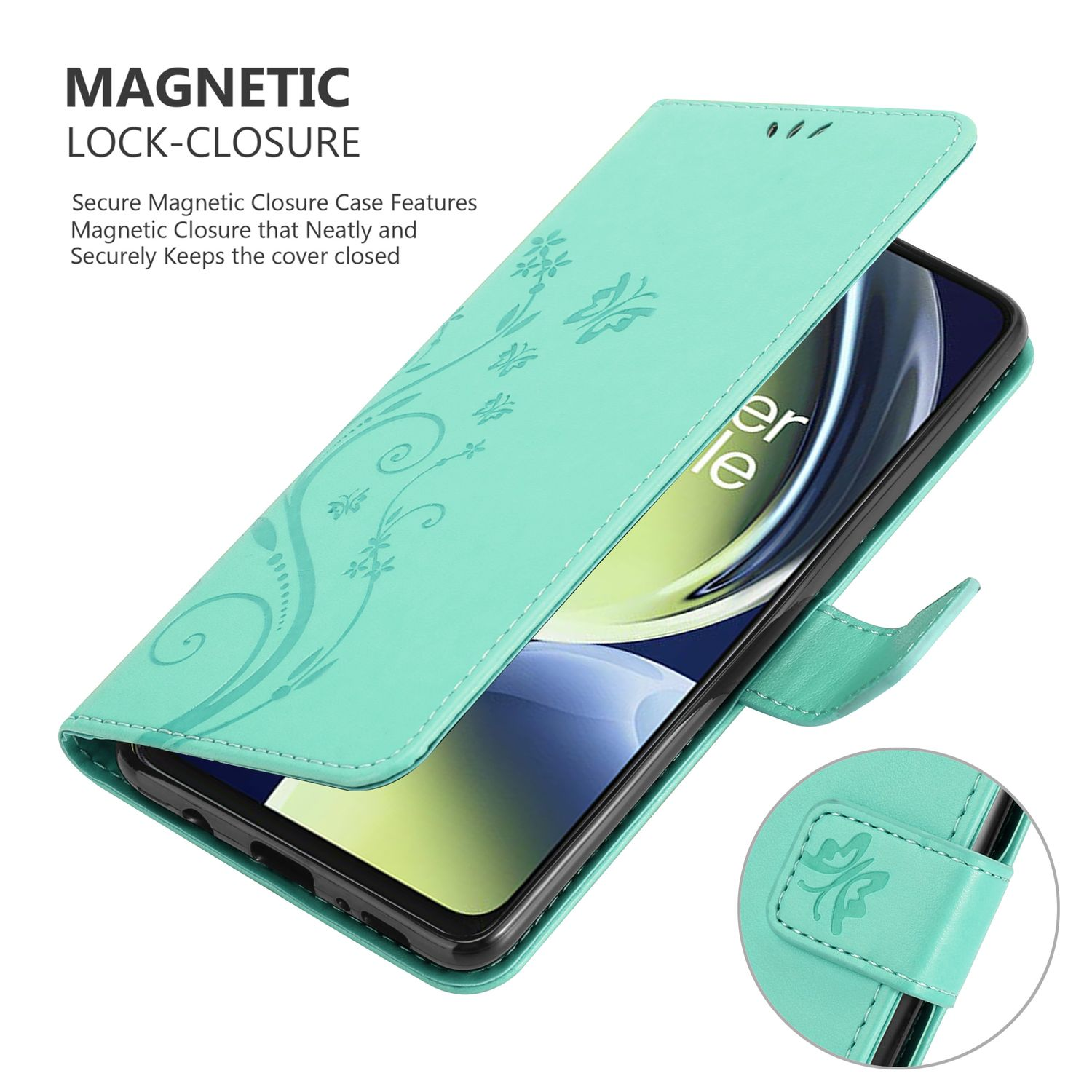 Una custodia per telefono turchese con un design floreale, aperta per rivelare un telefono, su sfondo bianco.